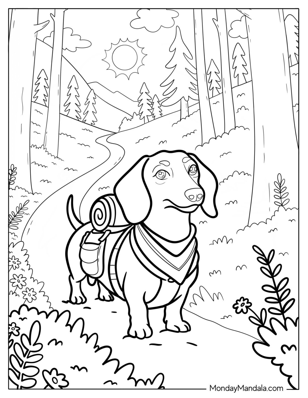 Adventurous Dachshund Puppy Exploring Mountain Path with Sunshine and Trees
