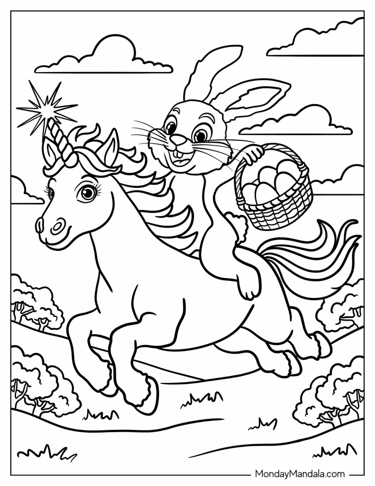 Easter Coloring Page of Adventurous Easter Bunny Riding a Magical Unicorn for Kids
