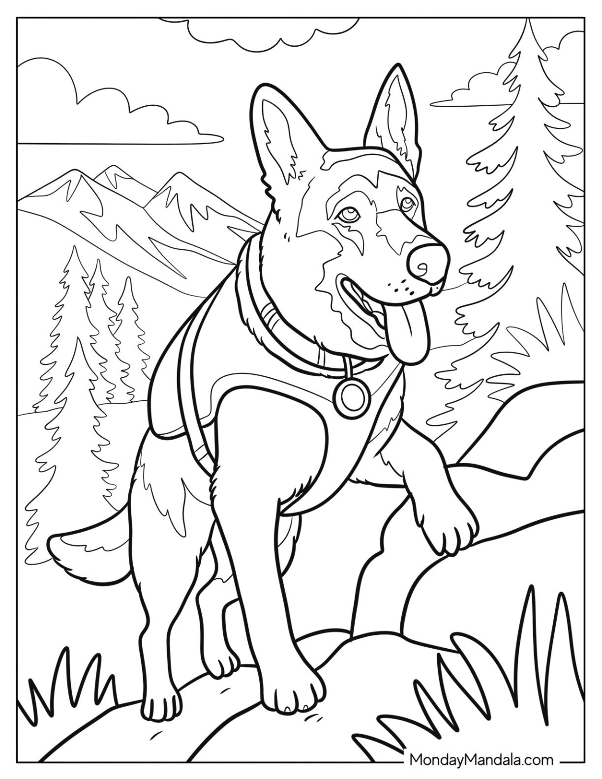 Adventurous German Shepherd Coloring Page with Harness Climbing Rocks
