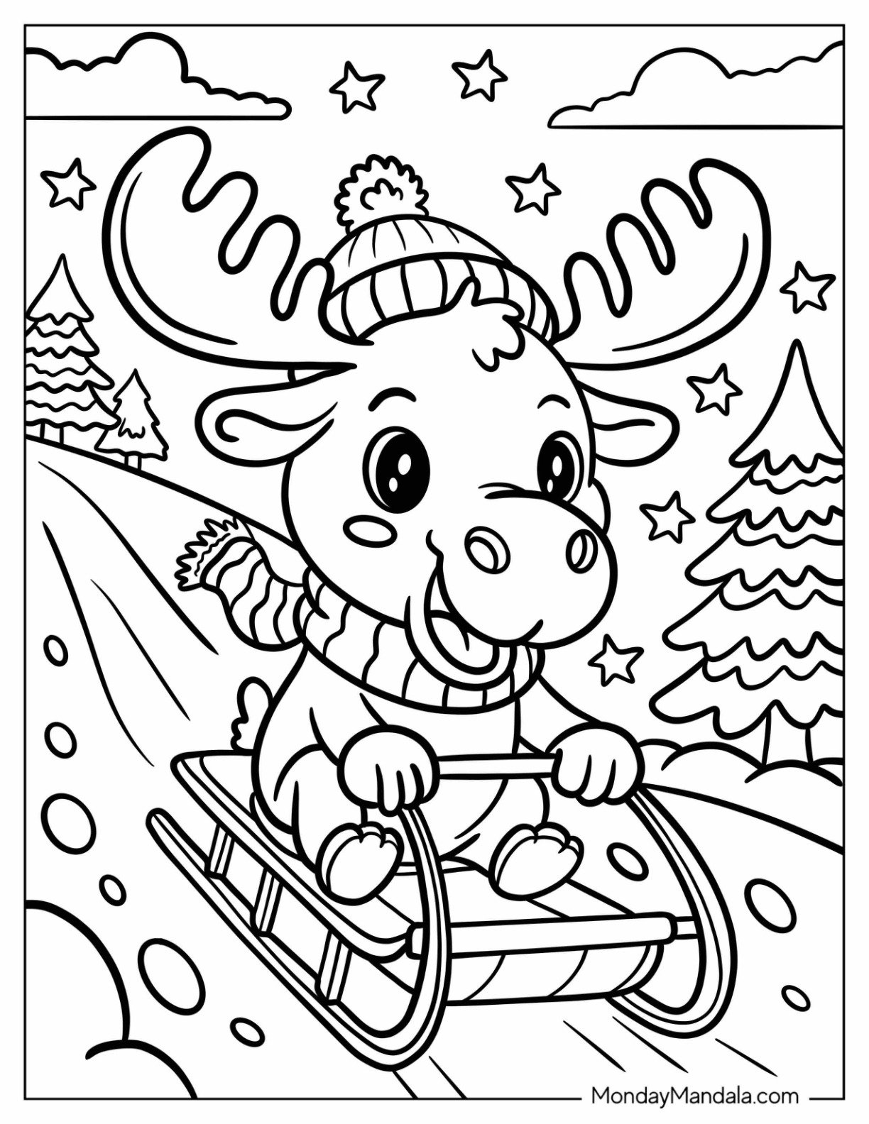 Adventurous Moose Riding a Sled Coloring Page for Kids