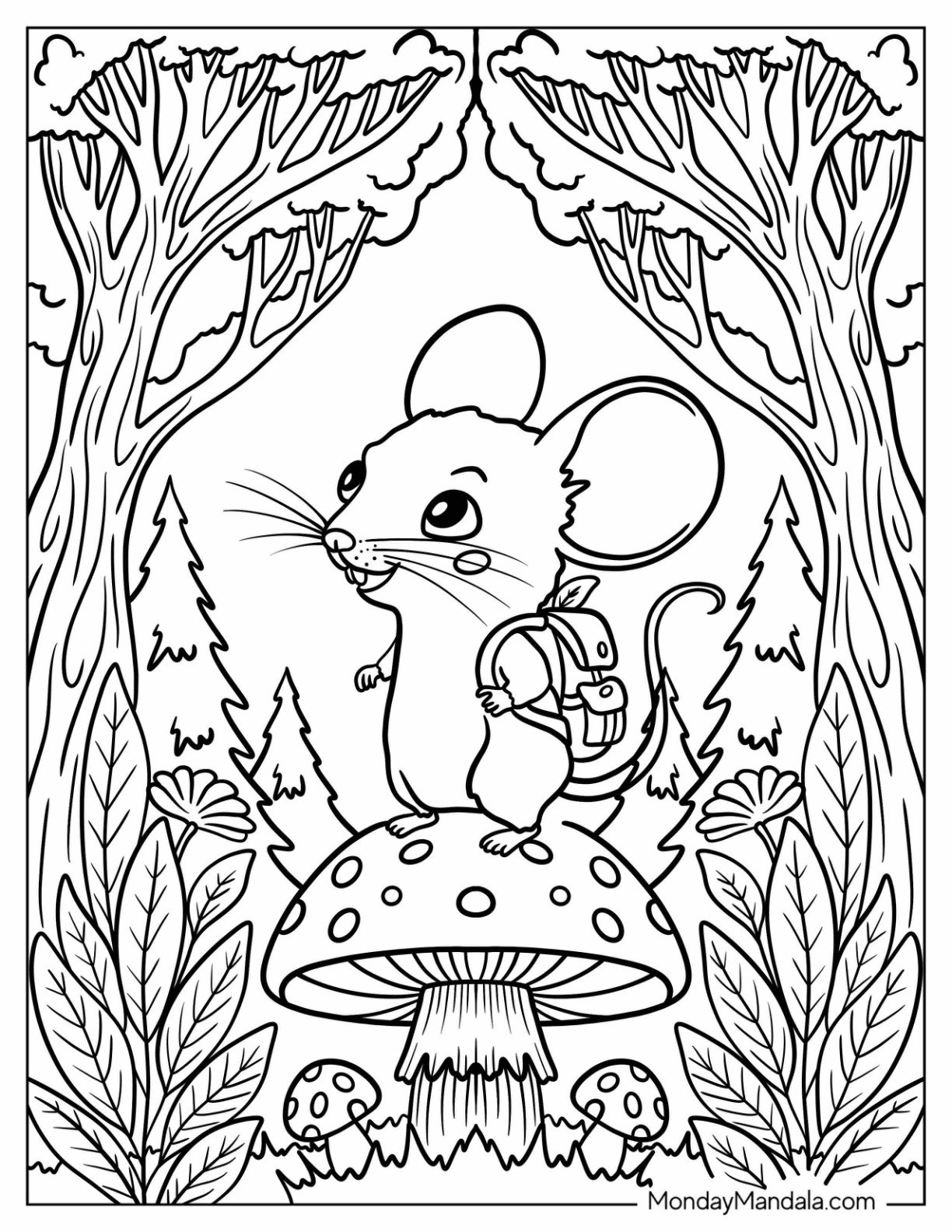 Adventurous Mouse Coloring Page Stands on a Toadstool in an Enchanted Forest