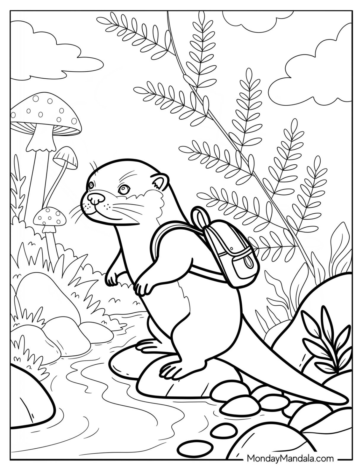 Adventurous Otter Coloring Page with Backpack Crossing a River