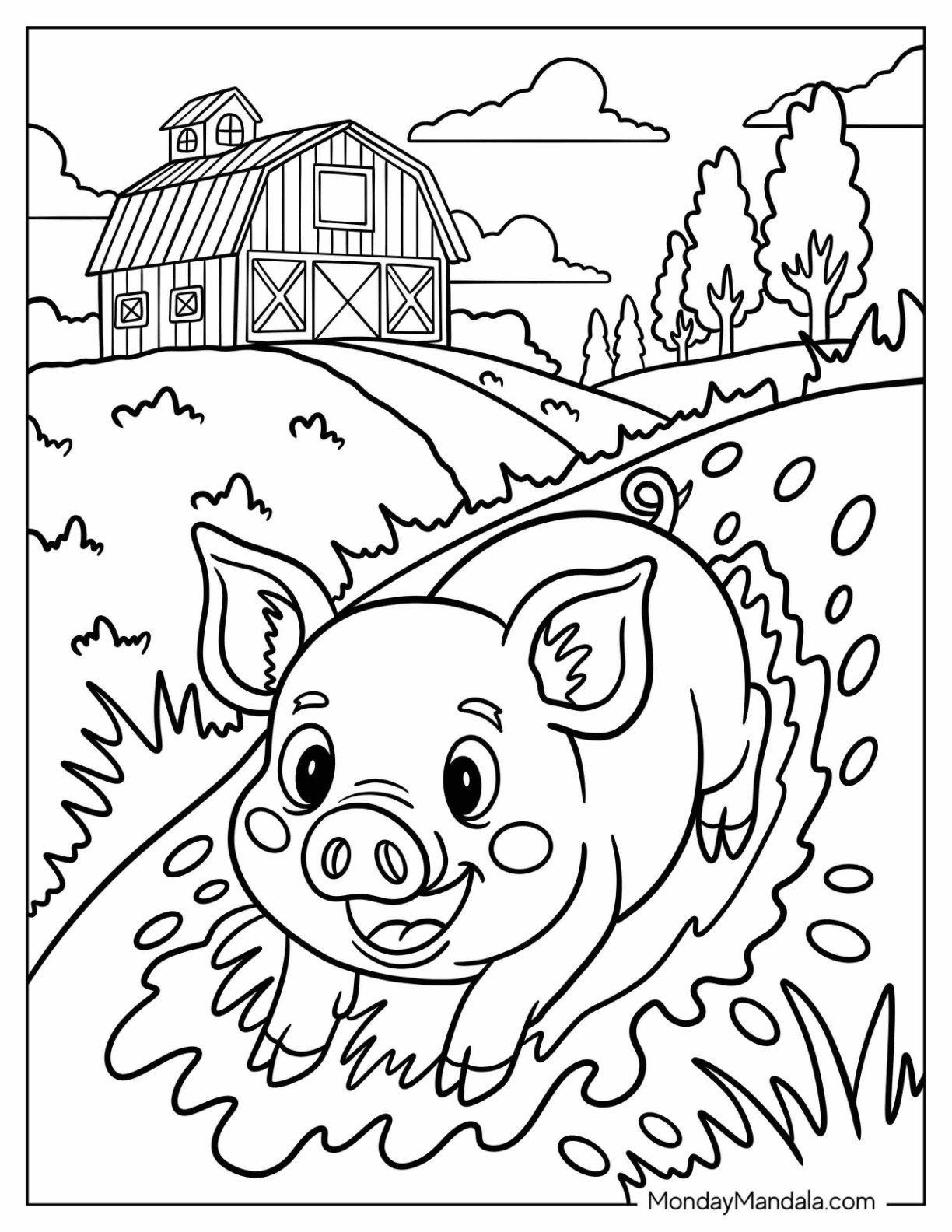 Adventurous Pig Coloring Page Going Down Mud Slide