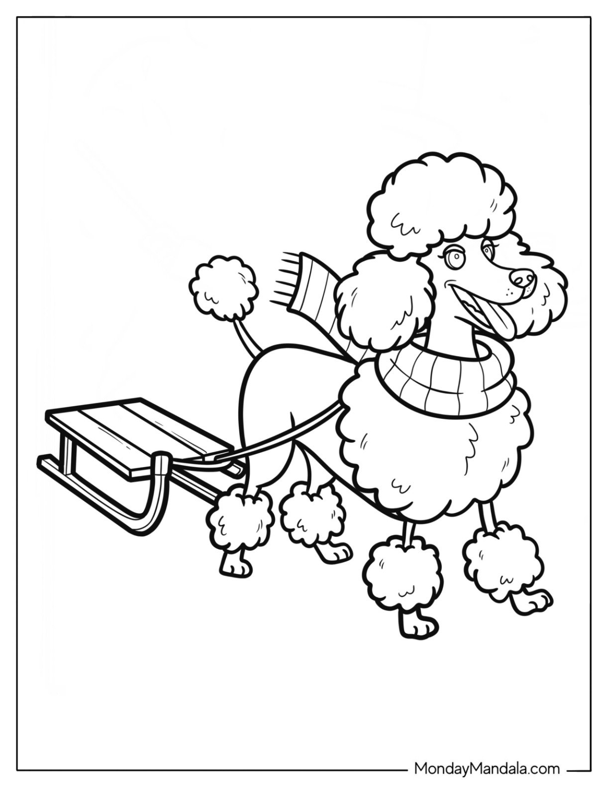 Adventurous Poodle Coloring Page in Cozy Winter Gear Towing Sleigh