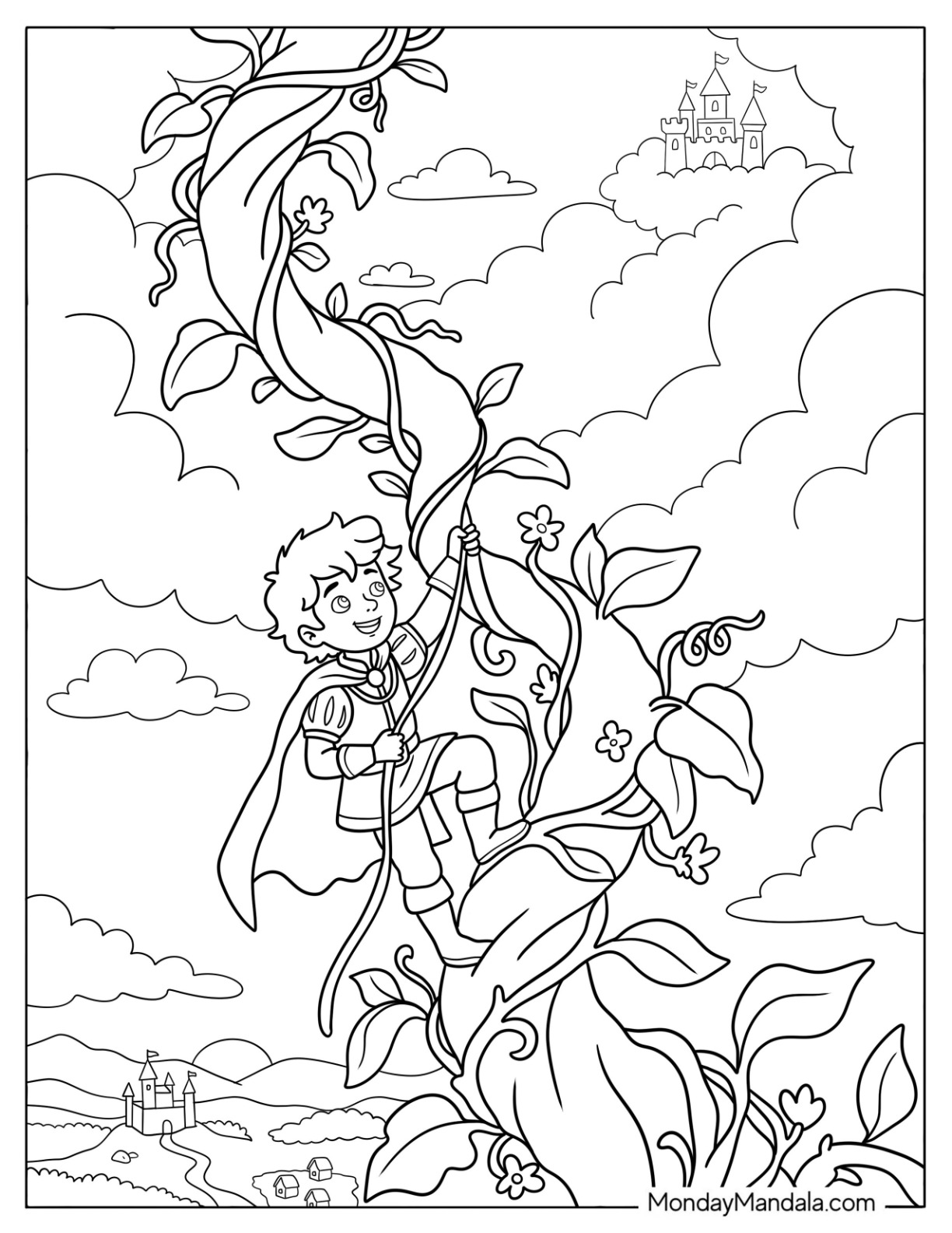 Adventurous Prince Climbing a Giant Beanstalk to a Cloud Castle Coloring Page