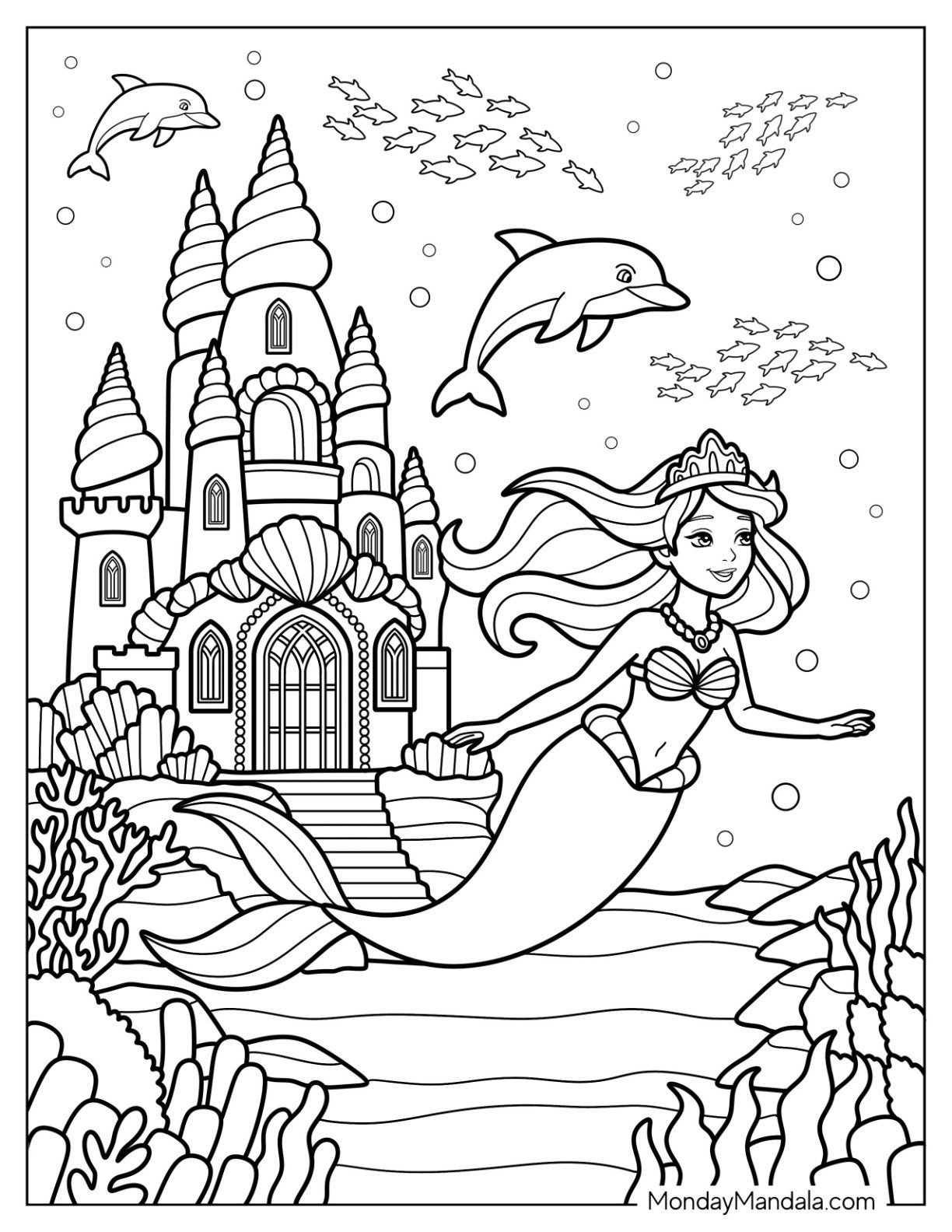 Adventurous Princess Mermaid Coloring Page Swimming Outside Castle with Dolphin