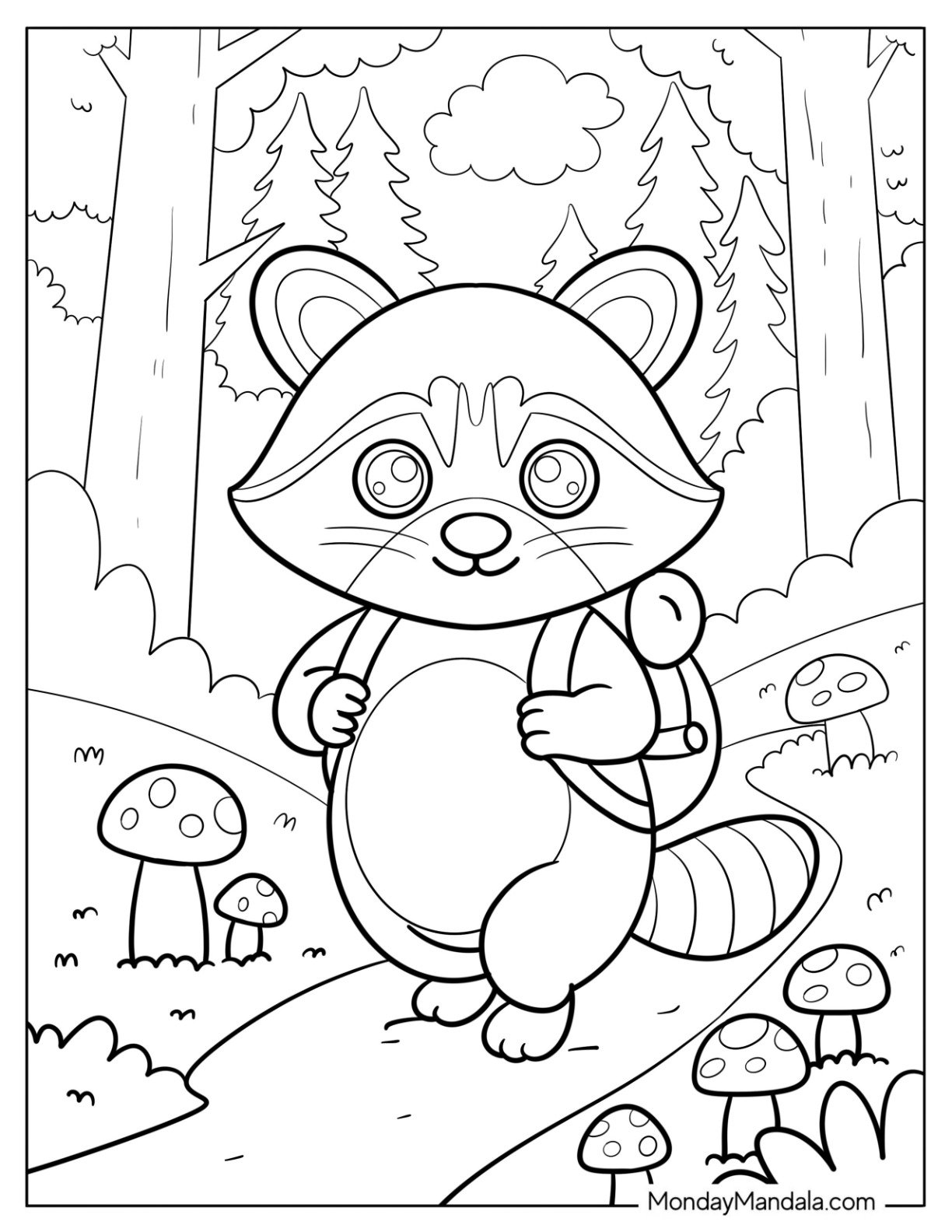Adventurous Raccoon Coloring Page with Backpack Hiking in Forest for Kids