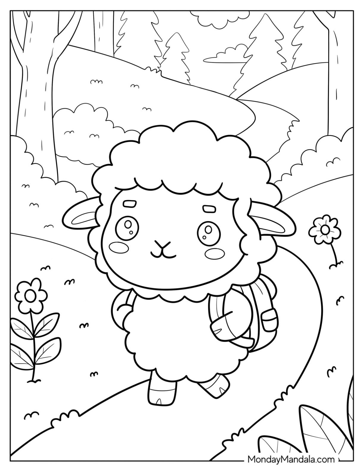 Adventurous Sheep Coloring Page with a Backpack Walking Through the Forest for Preschoolers