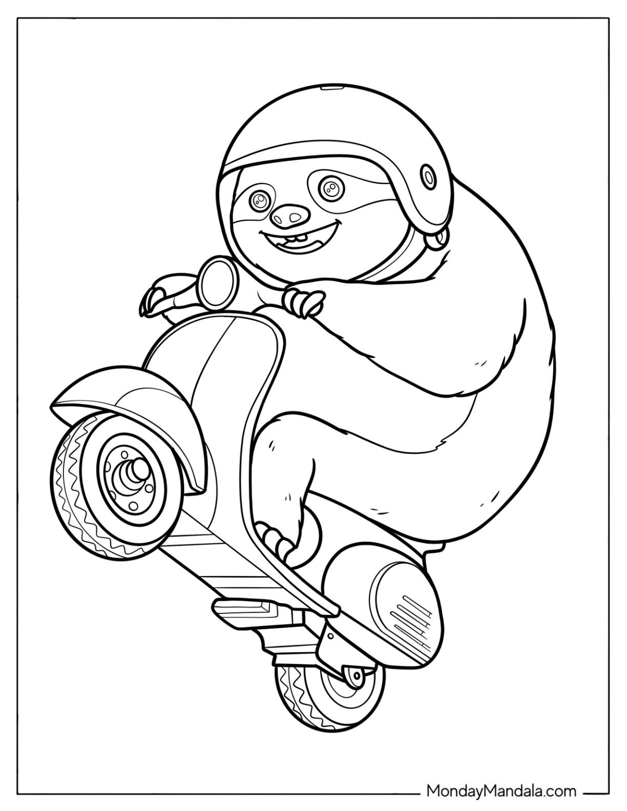 Adventurous Sloth Coloring Page Riding a Scooter for Kids