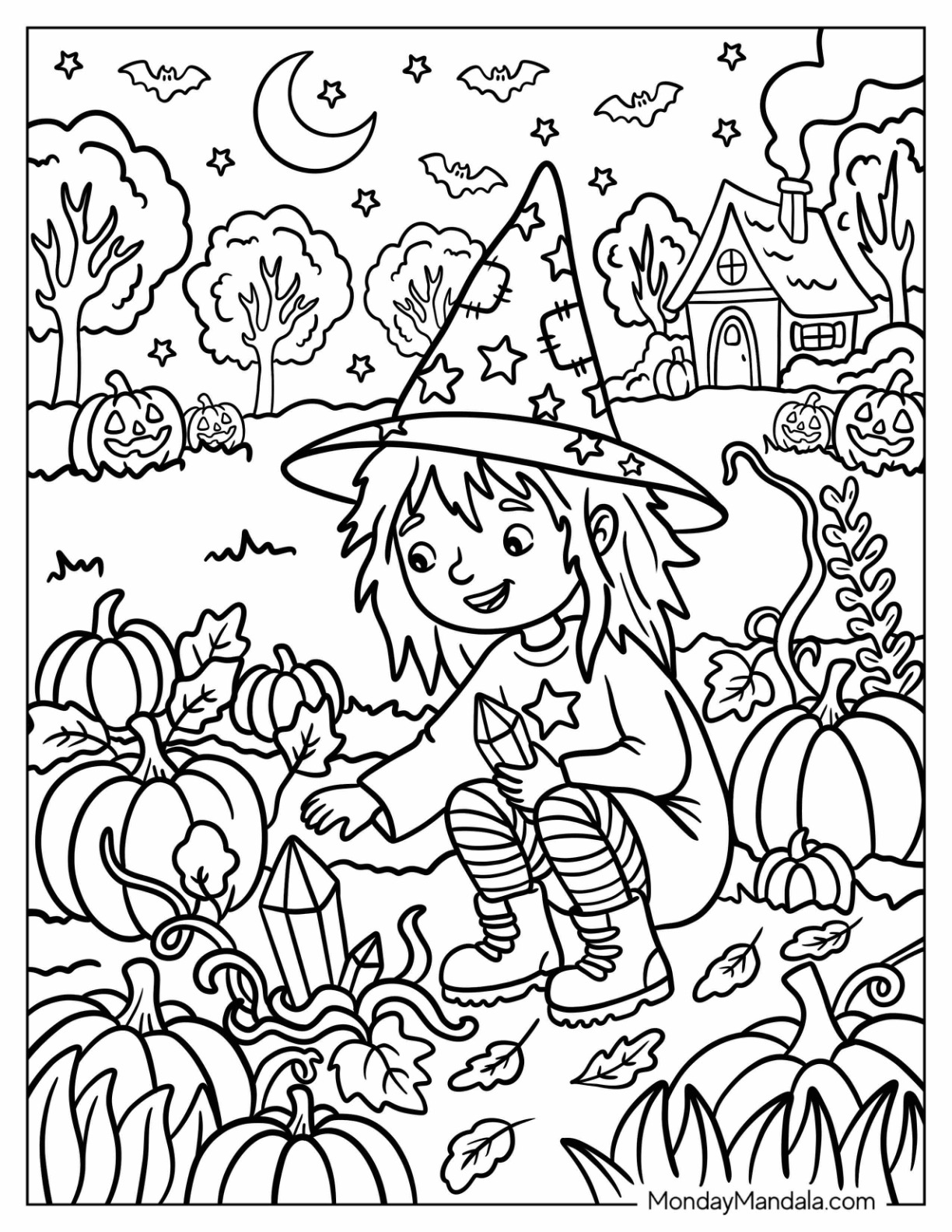 Adventurous Witch Collecting Crystals Coloring Page