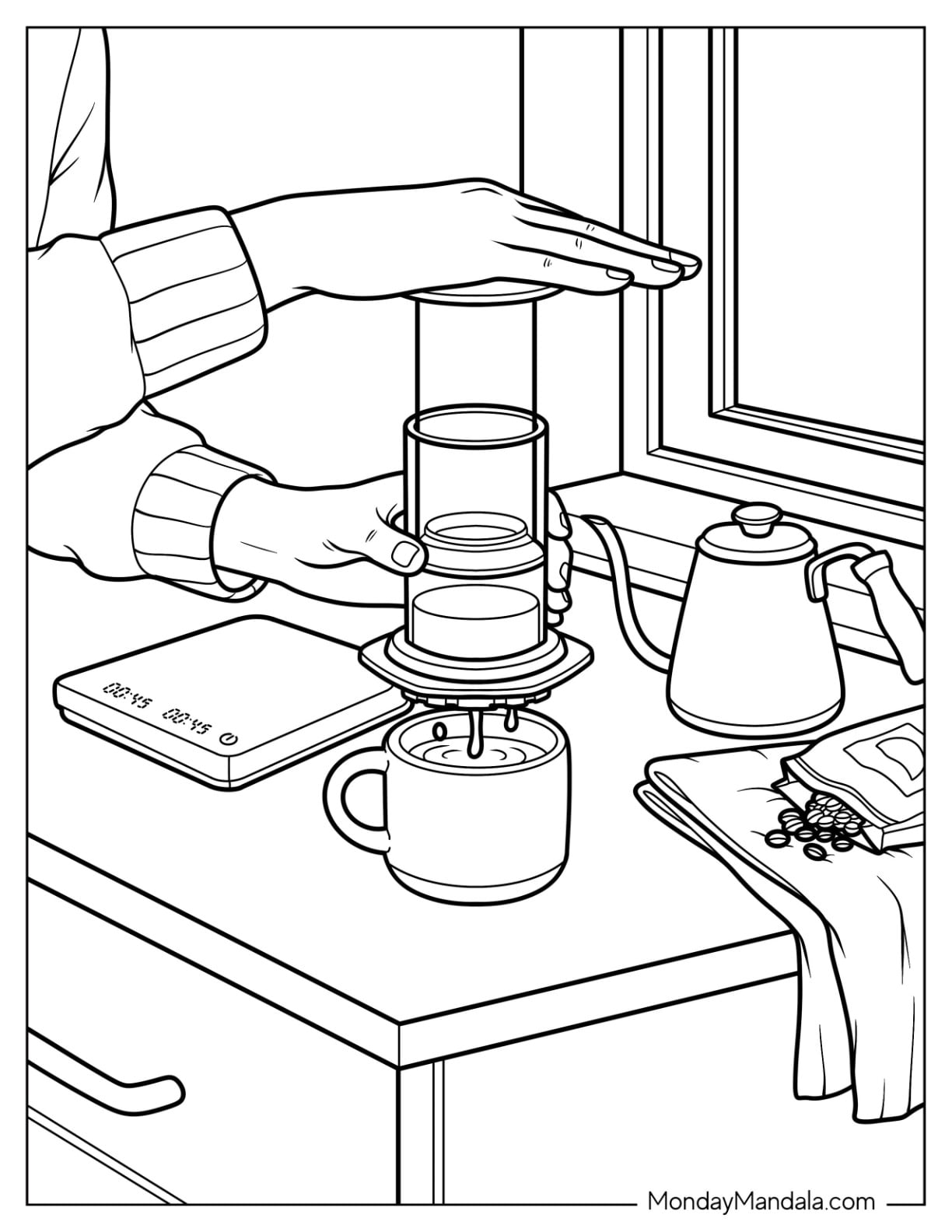 AeroPress Coffee Brewing by a Window Coloring Page