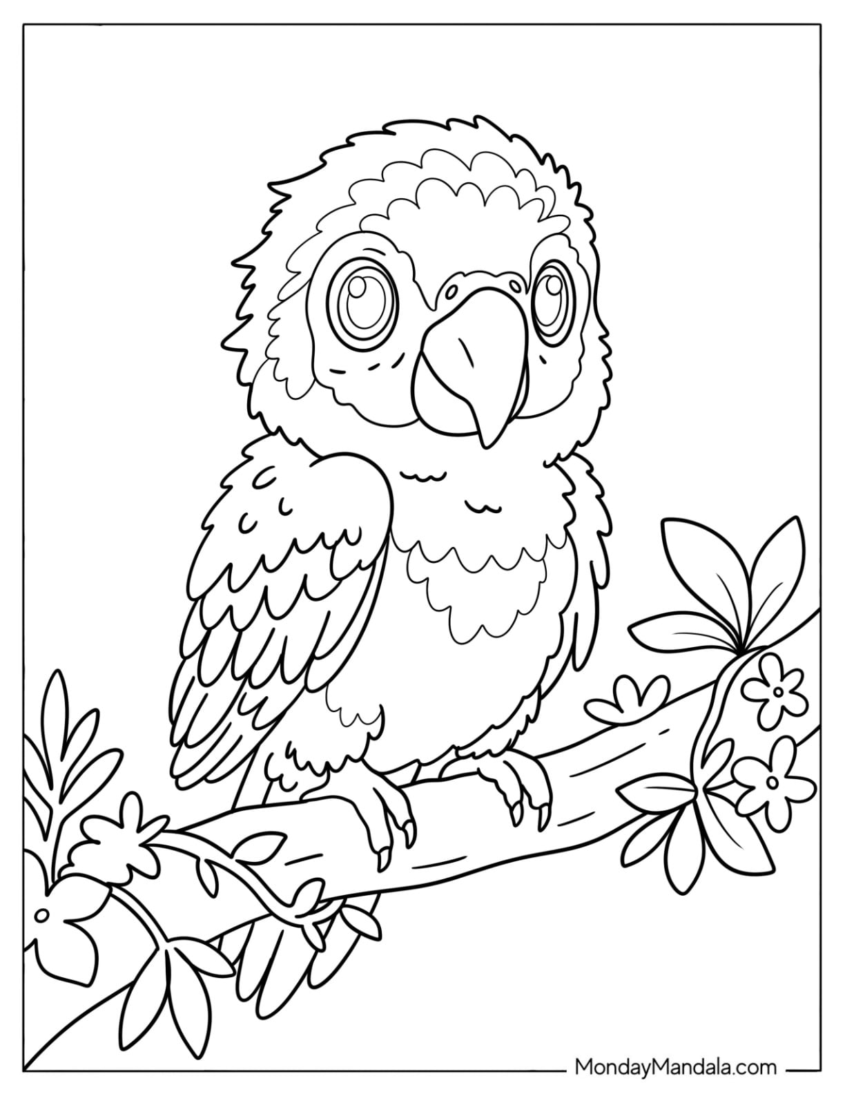African Grey Parrot Standing on a Flowering Branch Coloring Sheet for Kids