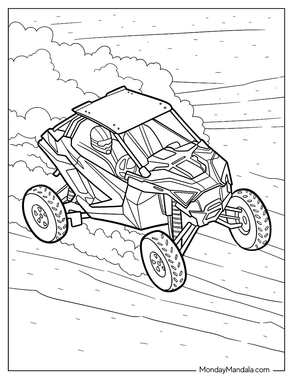 Aggressive UTV Coloring Page Drifting on Sandy Trails with Driver in Helmet