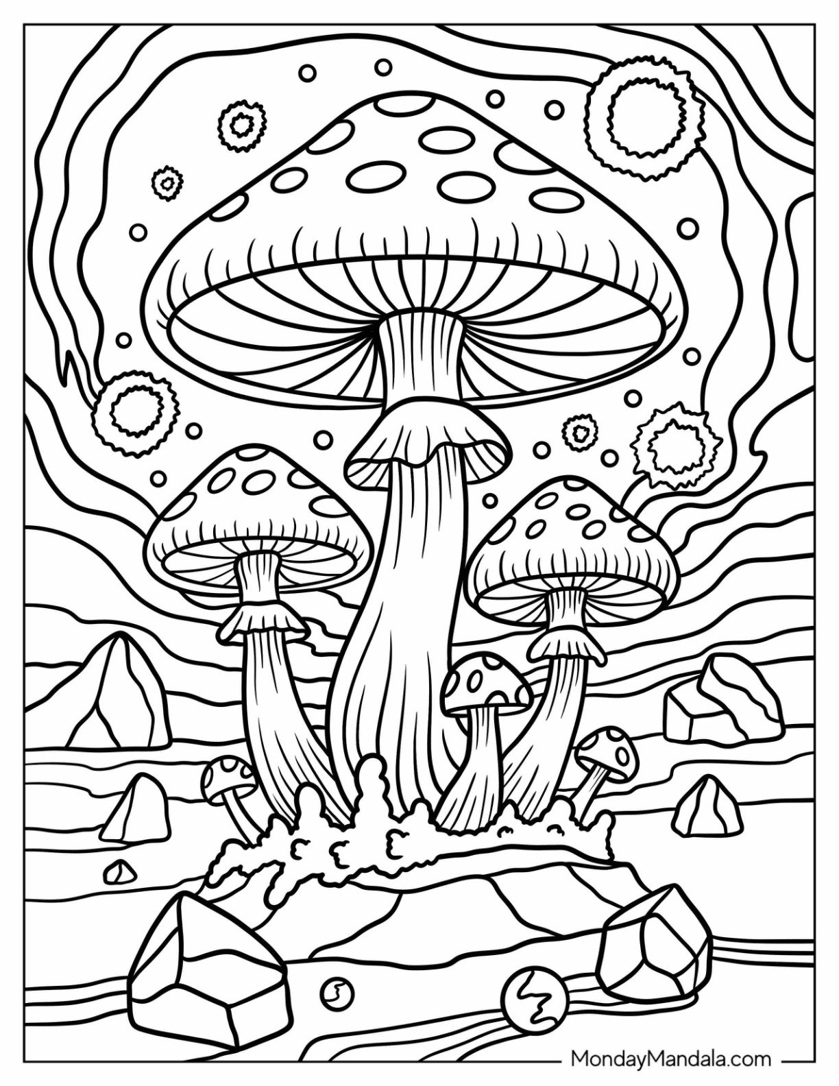 Alien Landscape with Giant Mushrooms and Floating Cosmic Spores Coloring Sheet