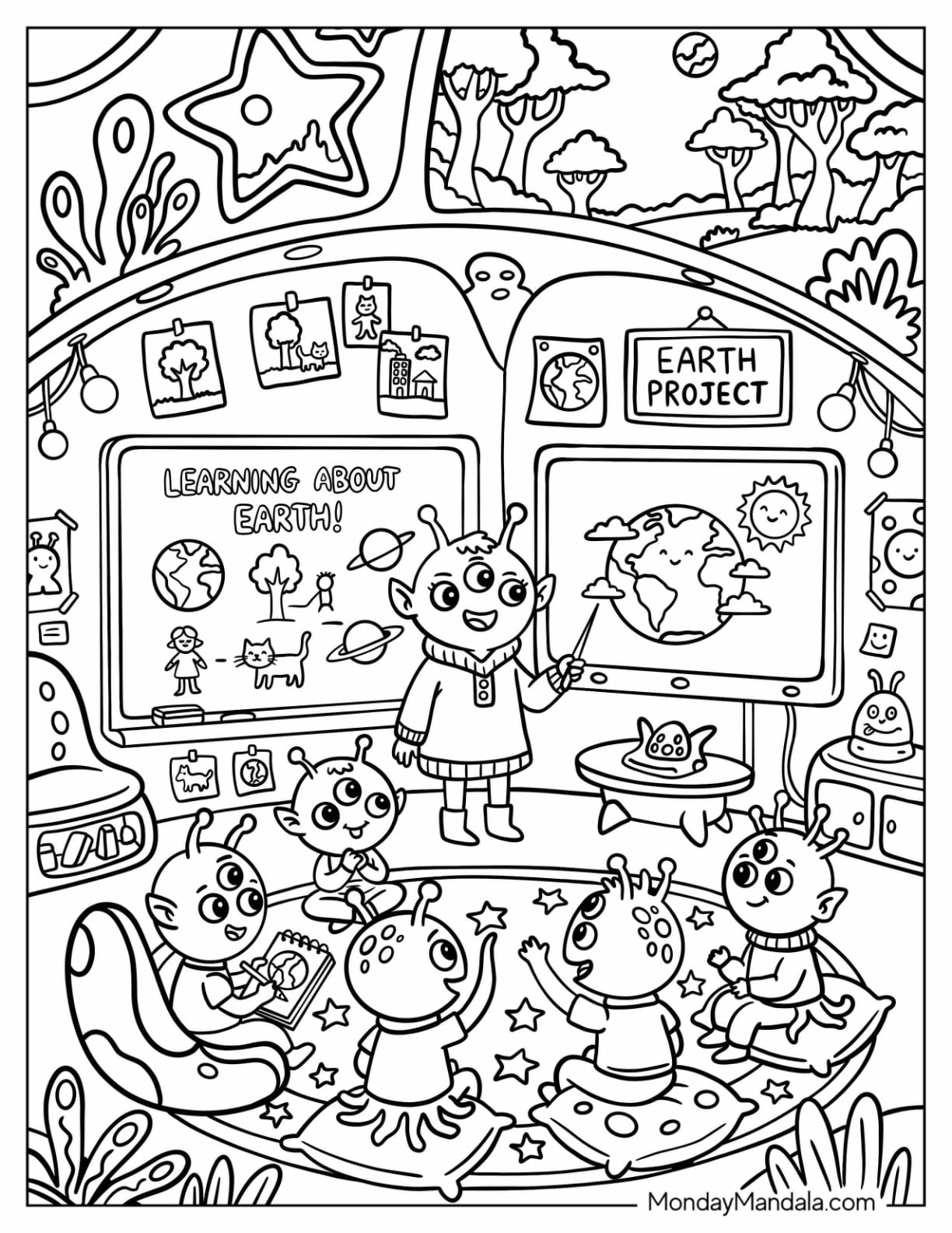 Alien Teacher in a Classroom with Alien Kids Coloring Page