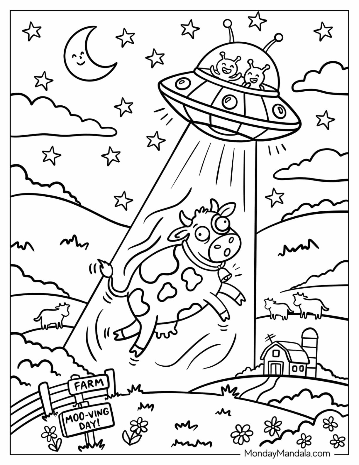 Aliens Abducting a Cow from a Farm Coloring Page