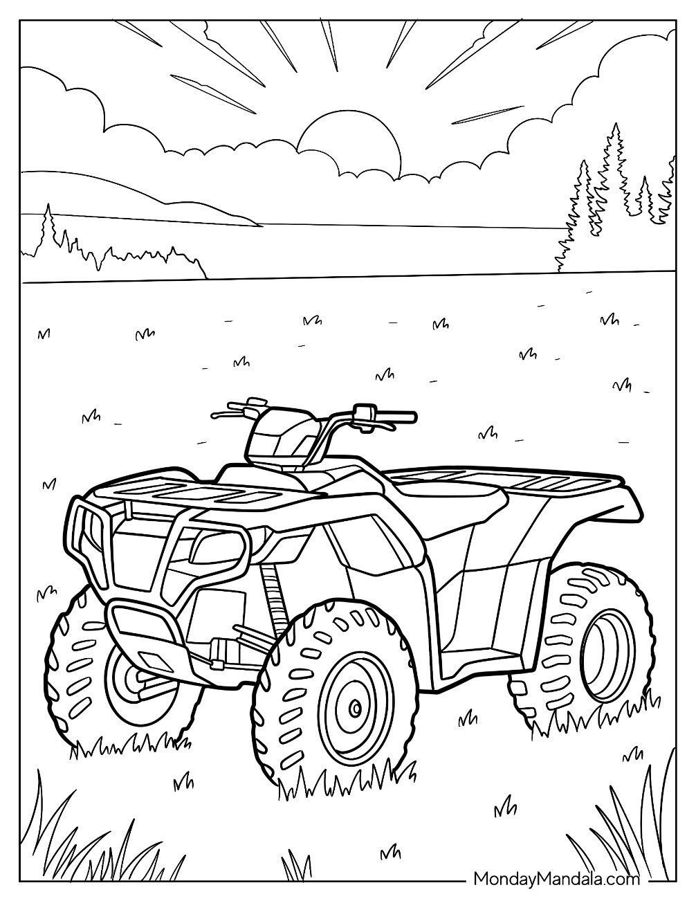 All Terrain ATV Coloring Page in Open Field with Sunset on the Horizon