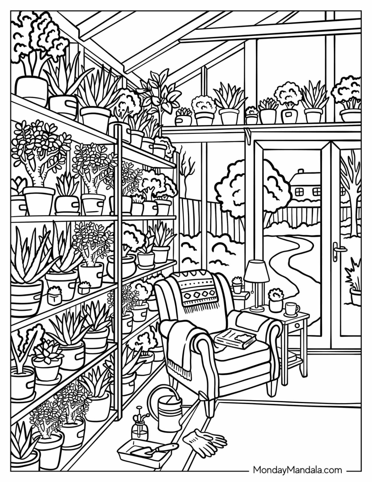 Aloe, Jade Plant, and Burro’s Tail Succulents in a Sunroom Garden Coloring Page