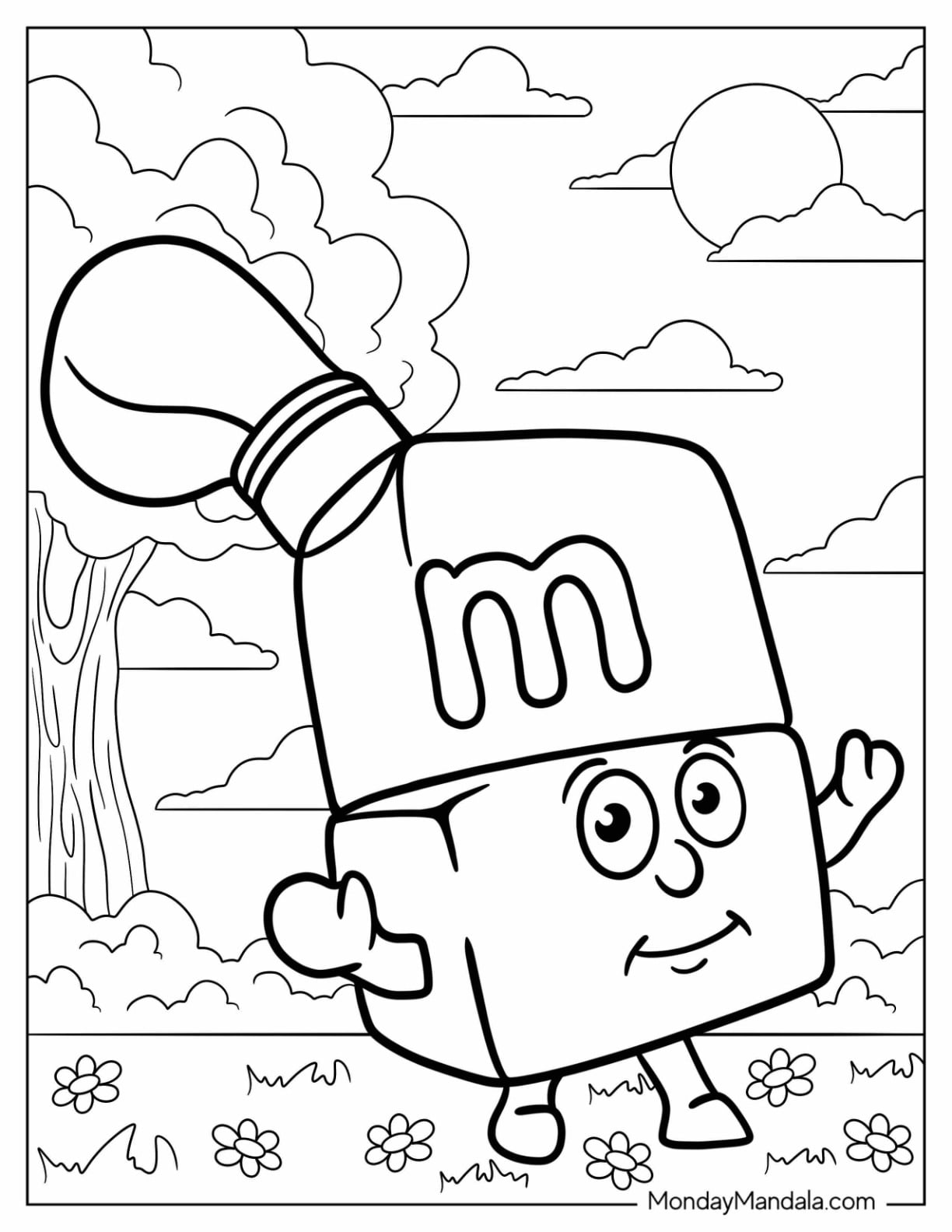 Alphablock Letter M Coloring Page In The Garden For Kids