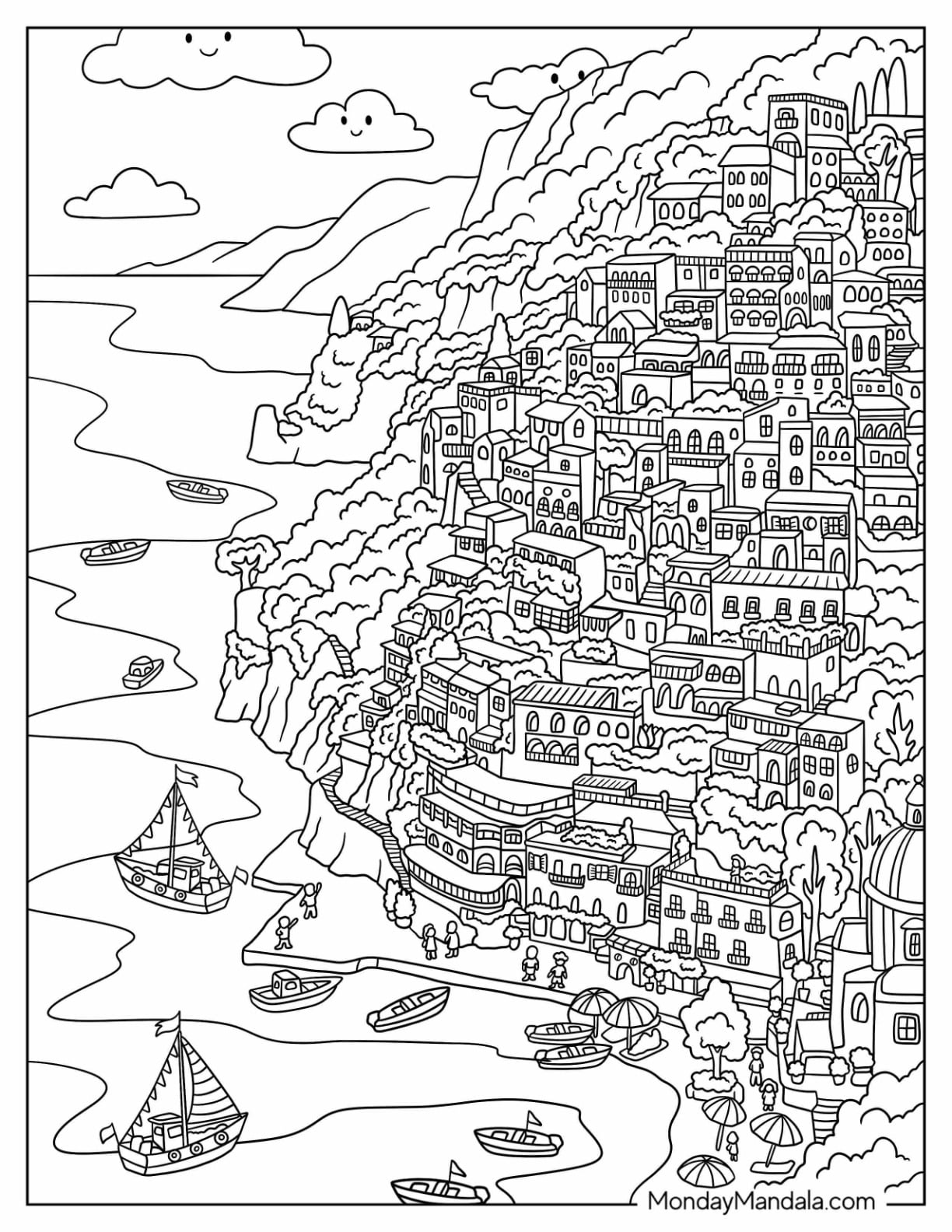 Italy Coloring Page of Amalfi Coast Cliffside Village with Boats