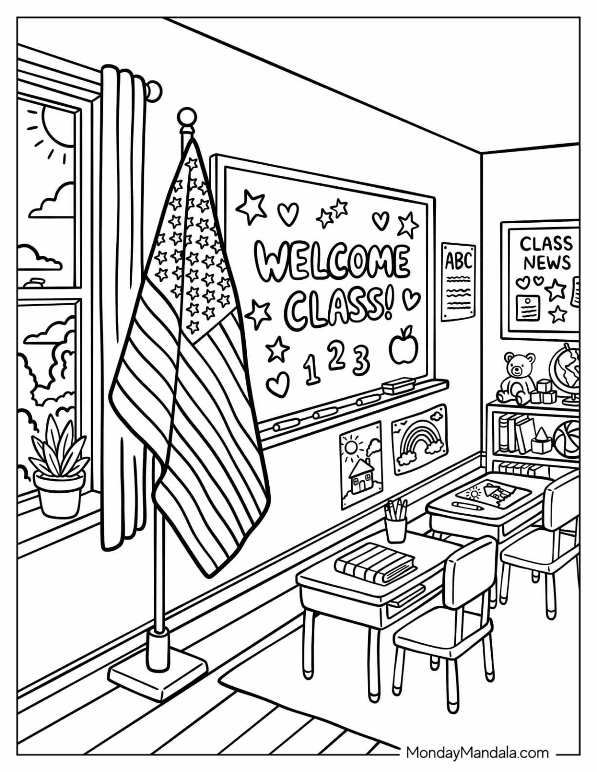 American Flag Displayed in a Classroom Coloring Page