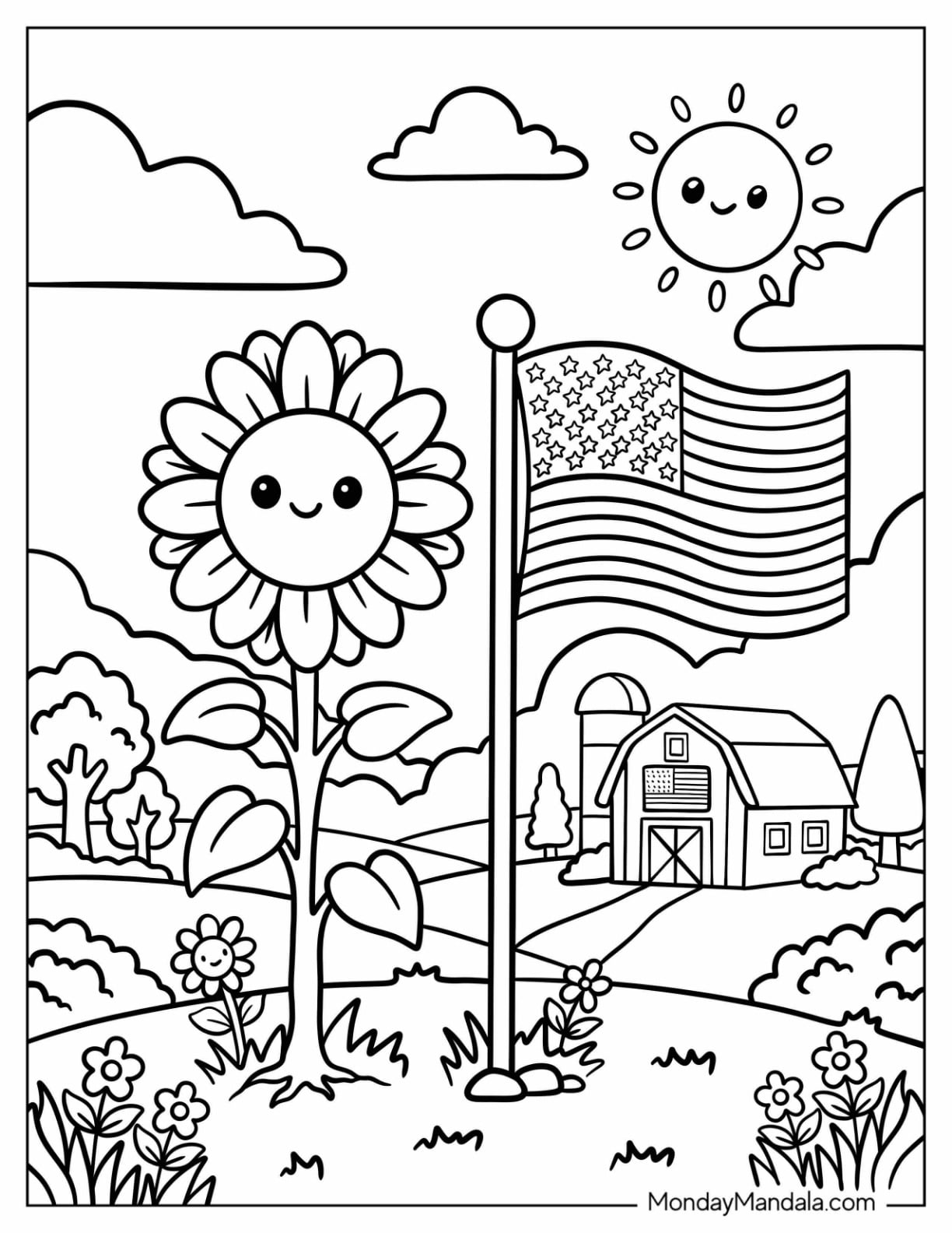 American Flag Flying Beside a Sunflower on a Country Farm Coloring Sheet