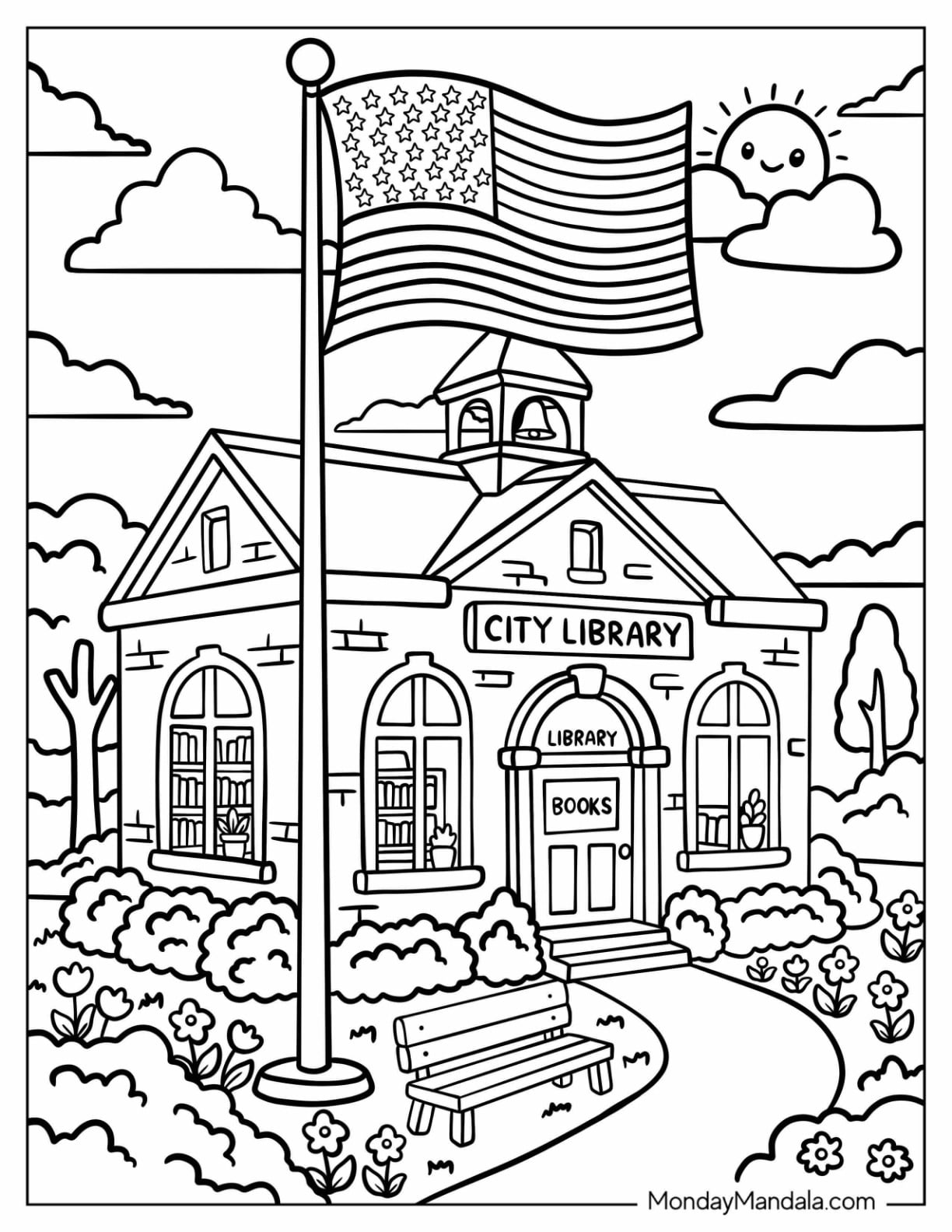 American Flag Flying Outside a City Library Coloring Sheet