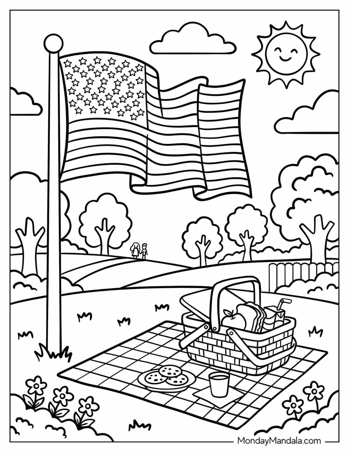 American Flag Flying Over a Sunny Park Picnic Coloring Sheet
