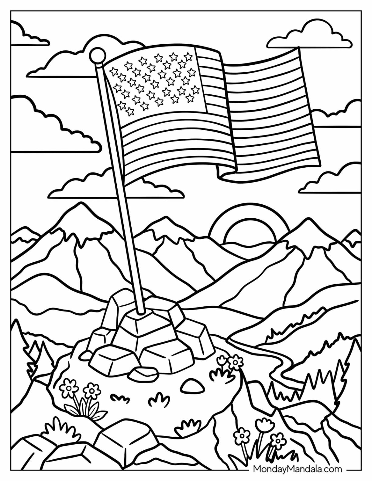 American Flag Waving Over a Mountain Valley at Sunset Coloring Page