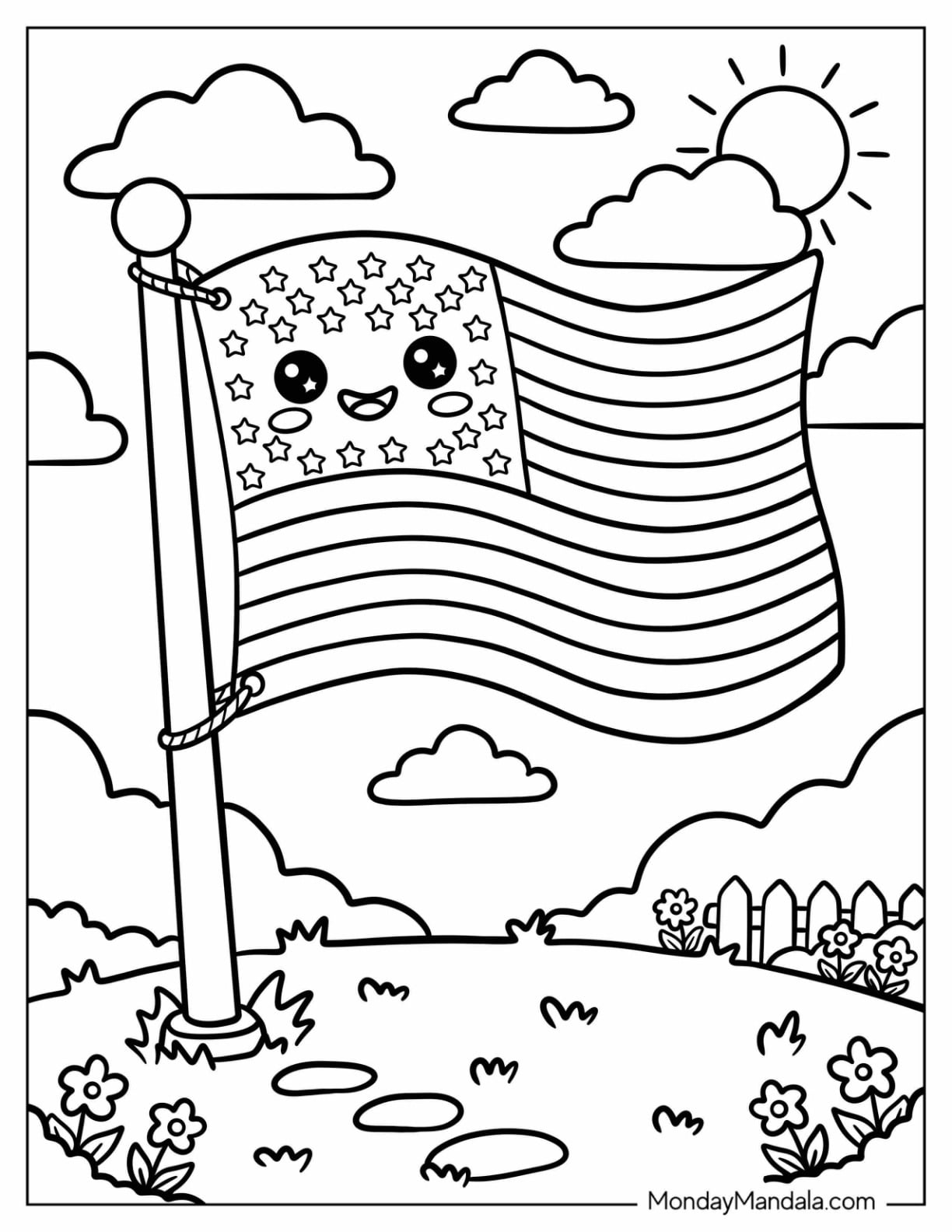 American Flag Waving in a Sunny Flower Garden Coloring Page for Kids