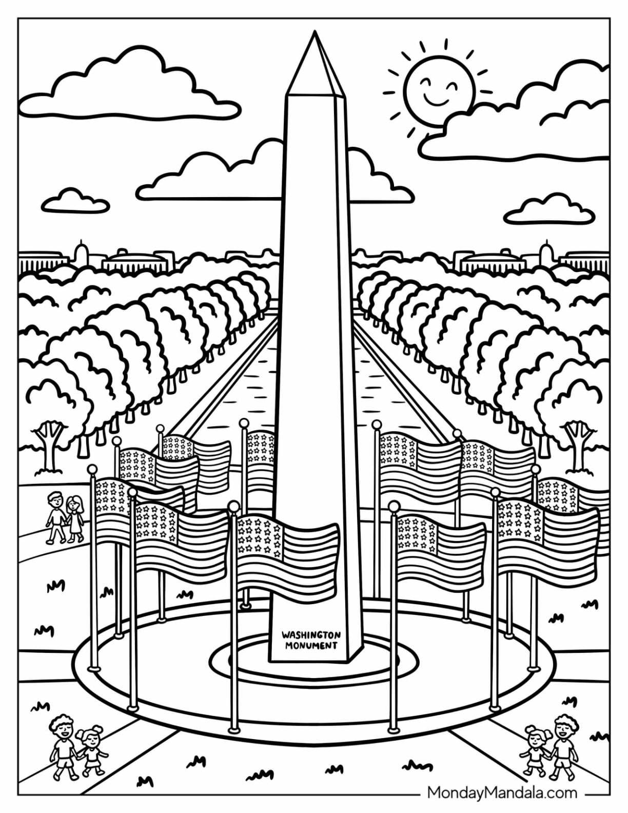 American Flags Surrounding the Washington Monument Coloring Sheet