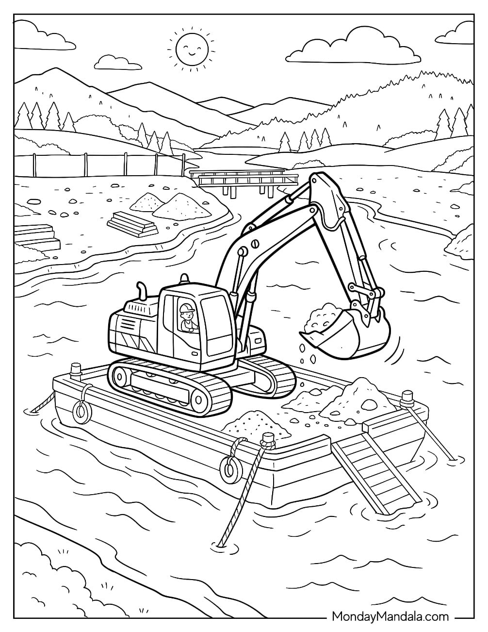 Amphibious Excavator on a Work Barge Dredging a River