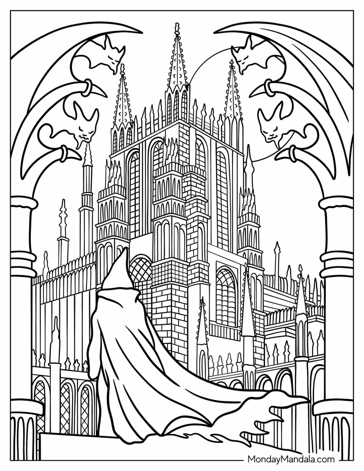 Horror Coloring Page of Ancient Cathedral with Gargoyles and a Lurking Wraith
