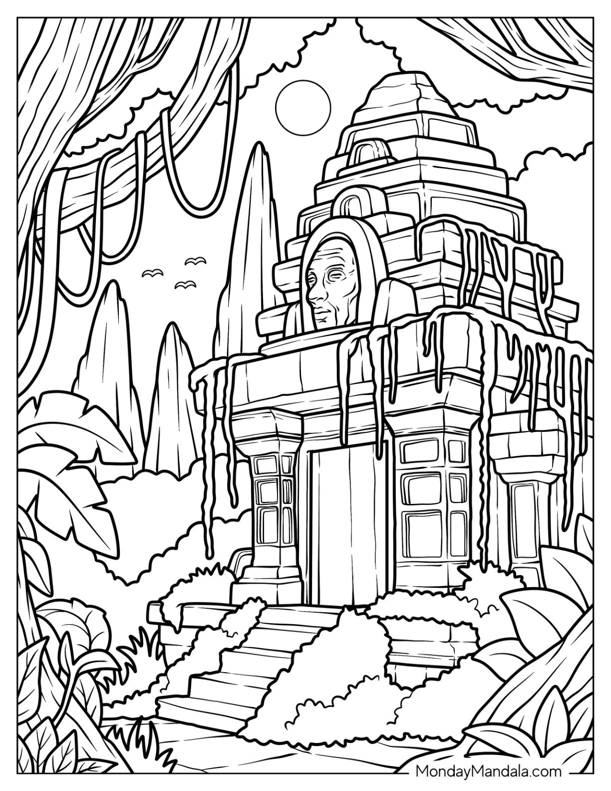 Ancient Jungle Coloring Page of Temple Surrounded by Vines and Dense Foliage