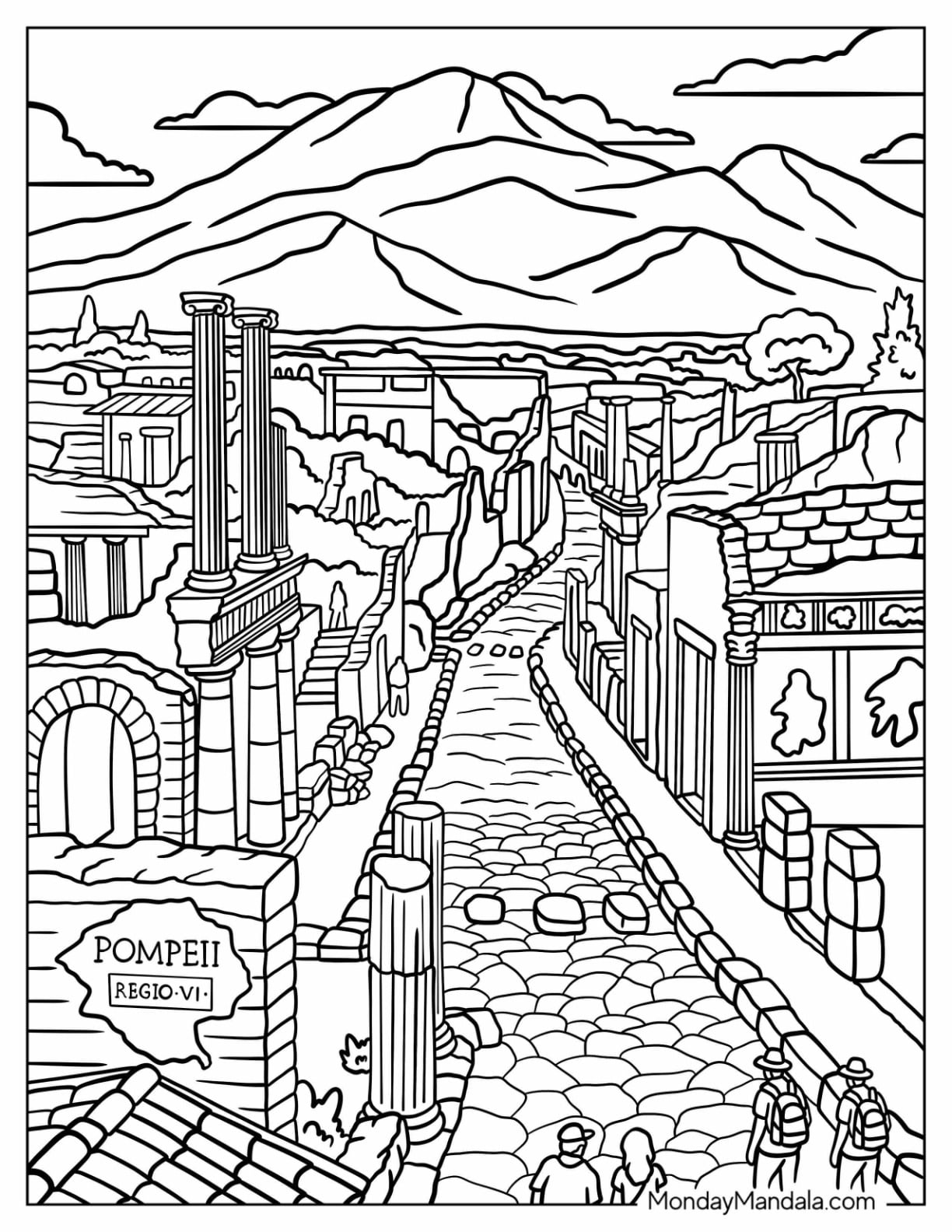 Italy Coloring Page of Ancient Pompeii Street with Mount Vesuvius
