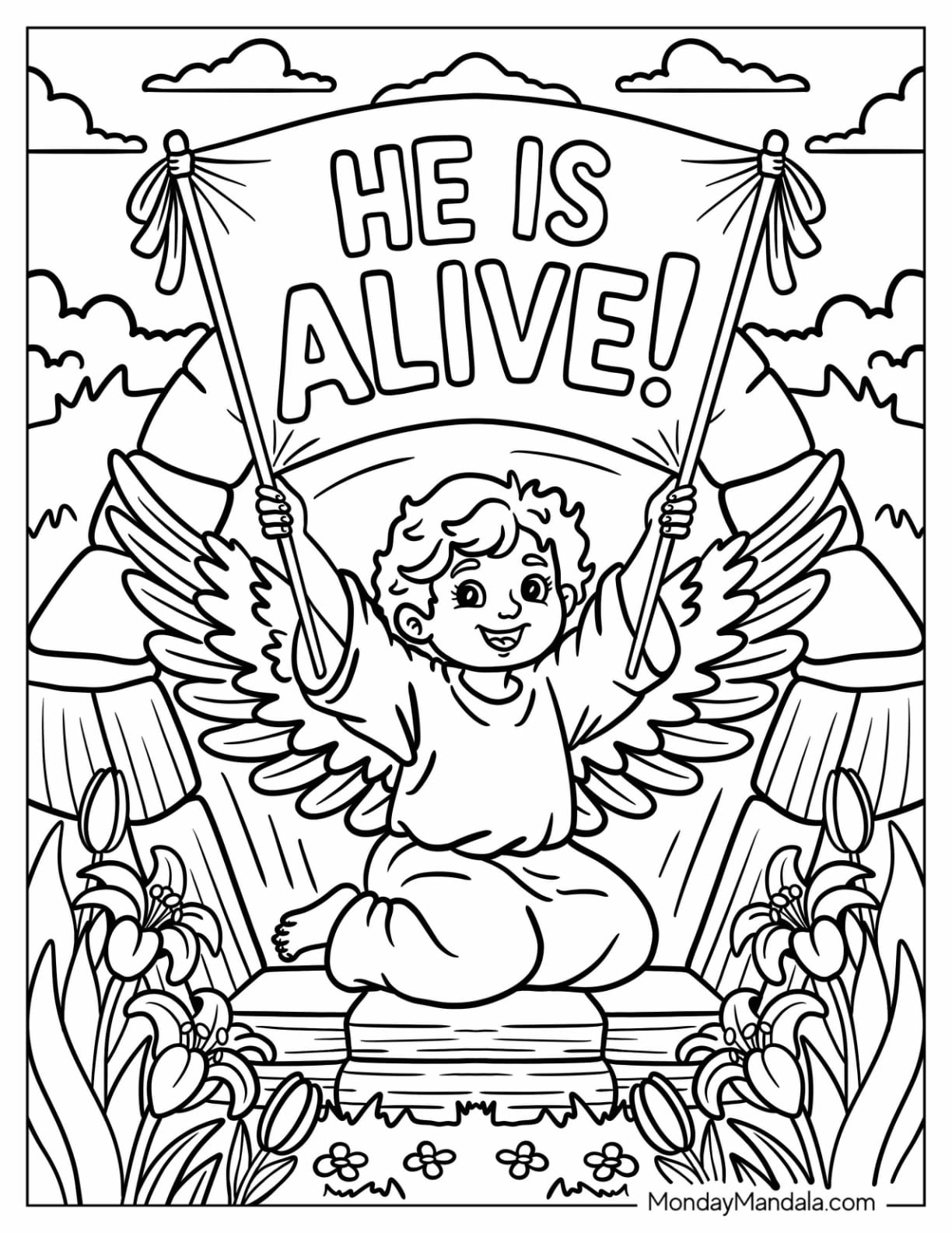 Religious Easter Coloring Page of Angel Holding Up He Is Alive Banner