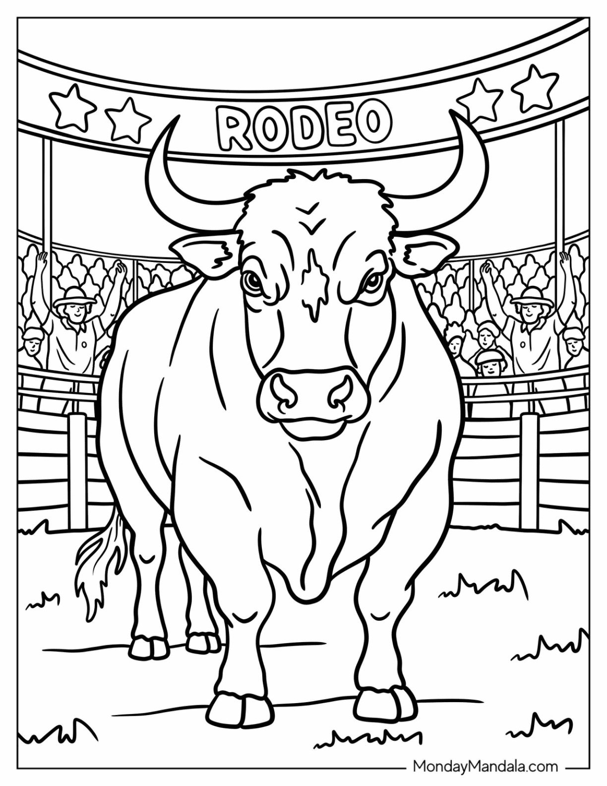 Angry Bull Coloring Page in a Rodeo with Cheering Crowd for Kids