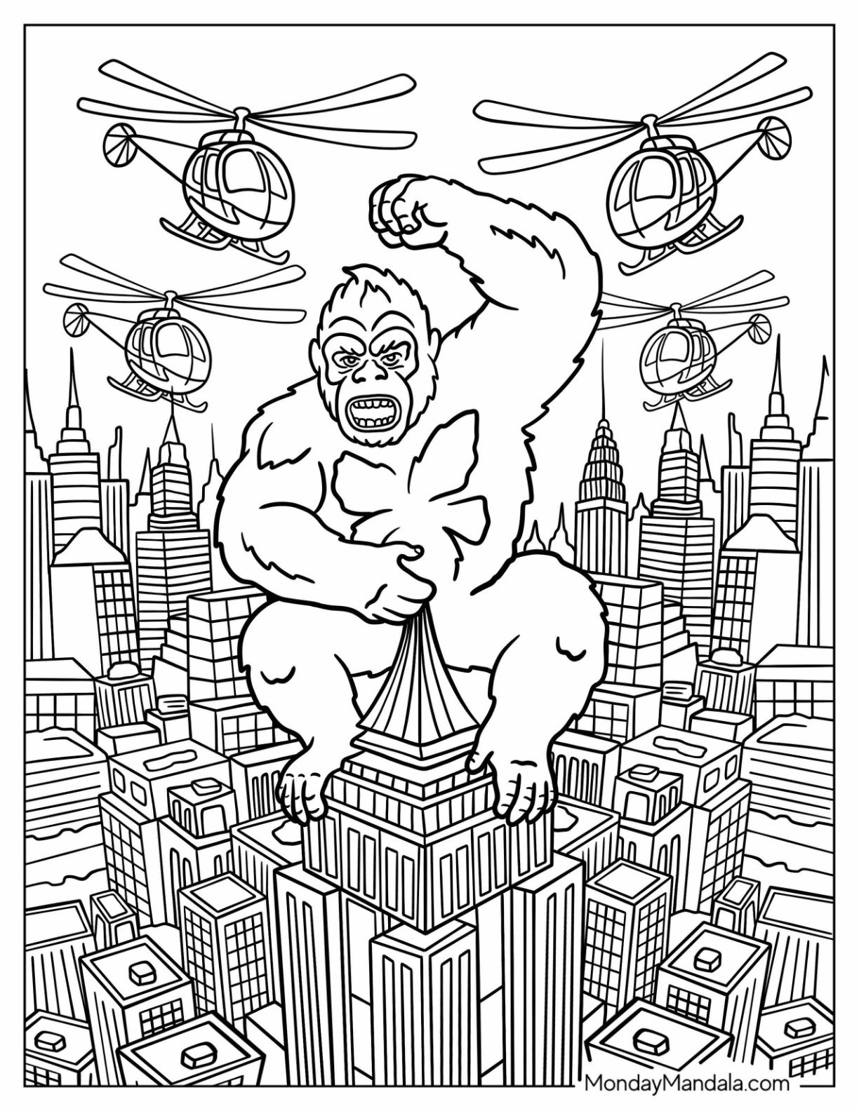 Angry King Kong Coloring Page On Top of a Tower Fighting Helicopters