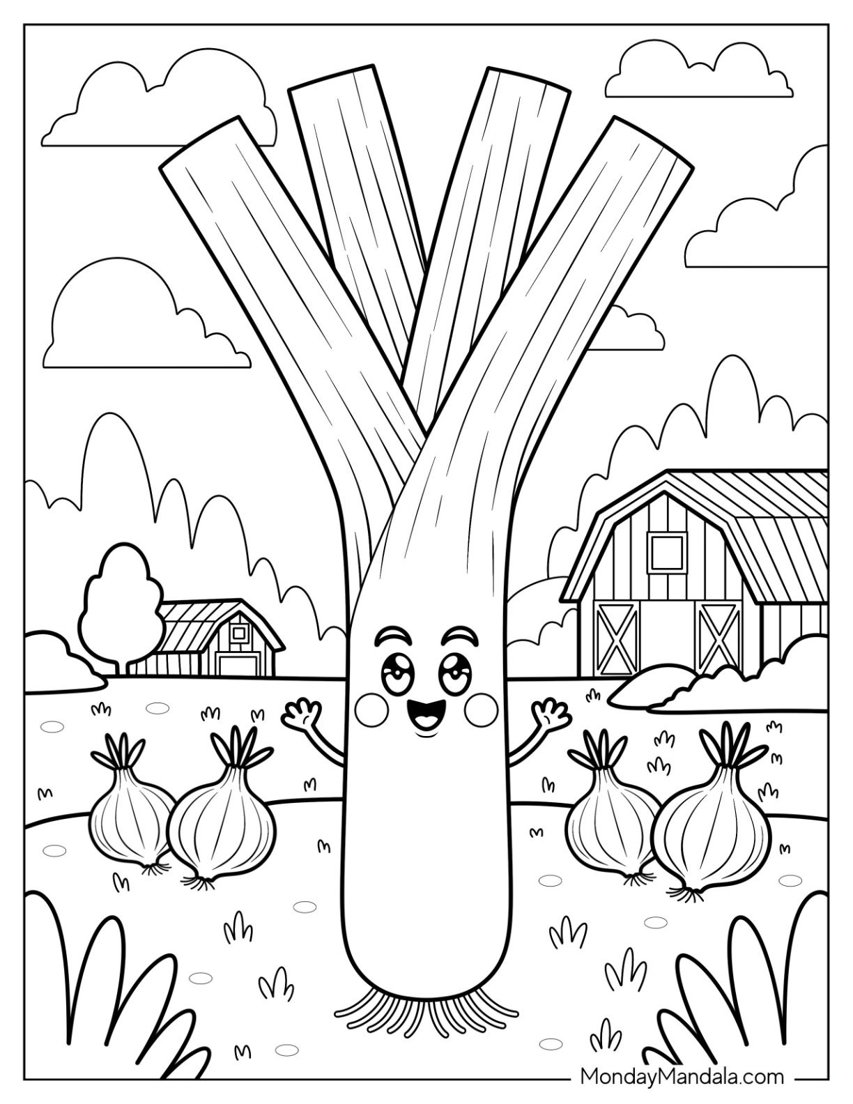 Animated Leek Vegetable Coloring Page Waving From a Vegetable Garden for Kids