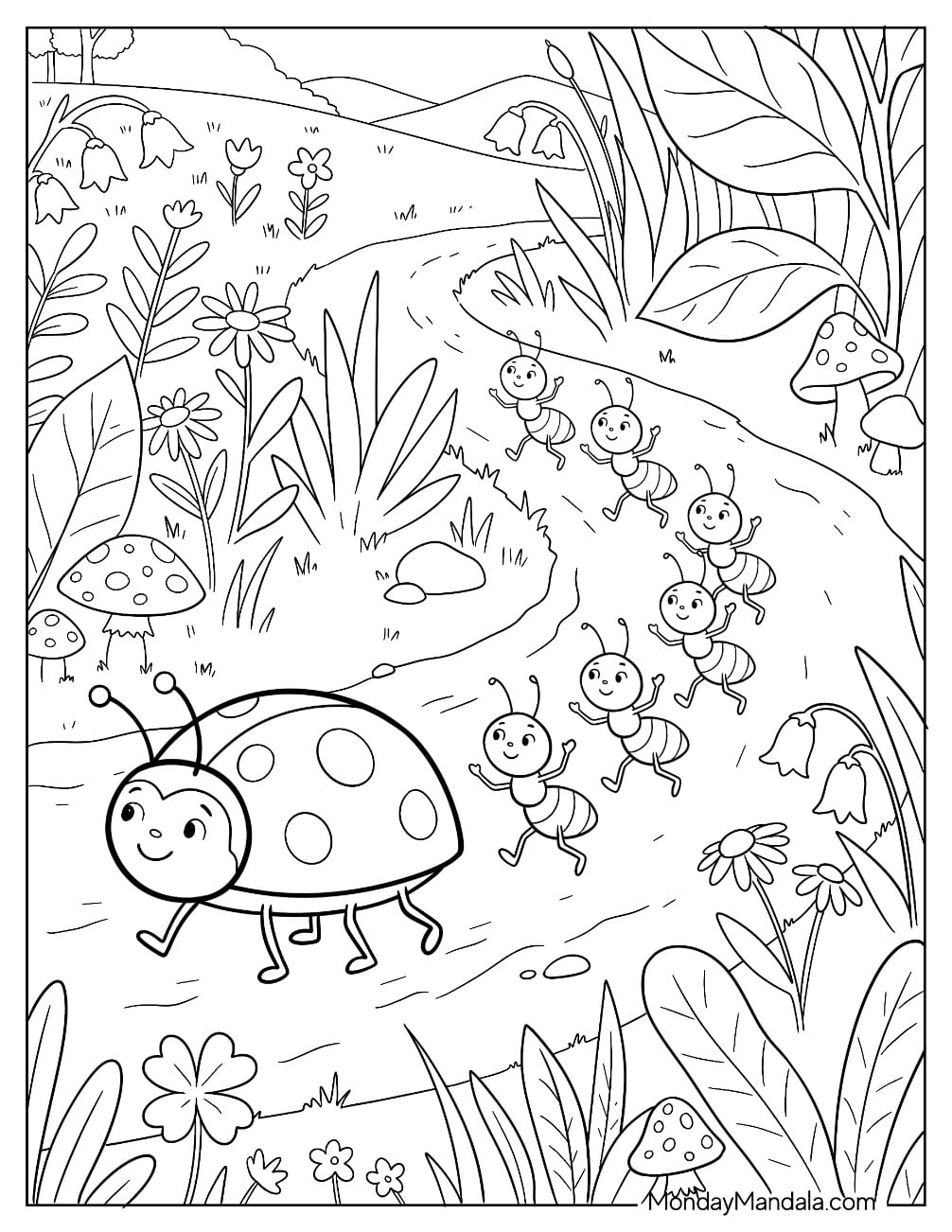 Ants Trailing After a Ladybug Coloring Page