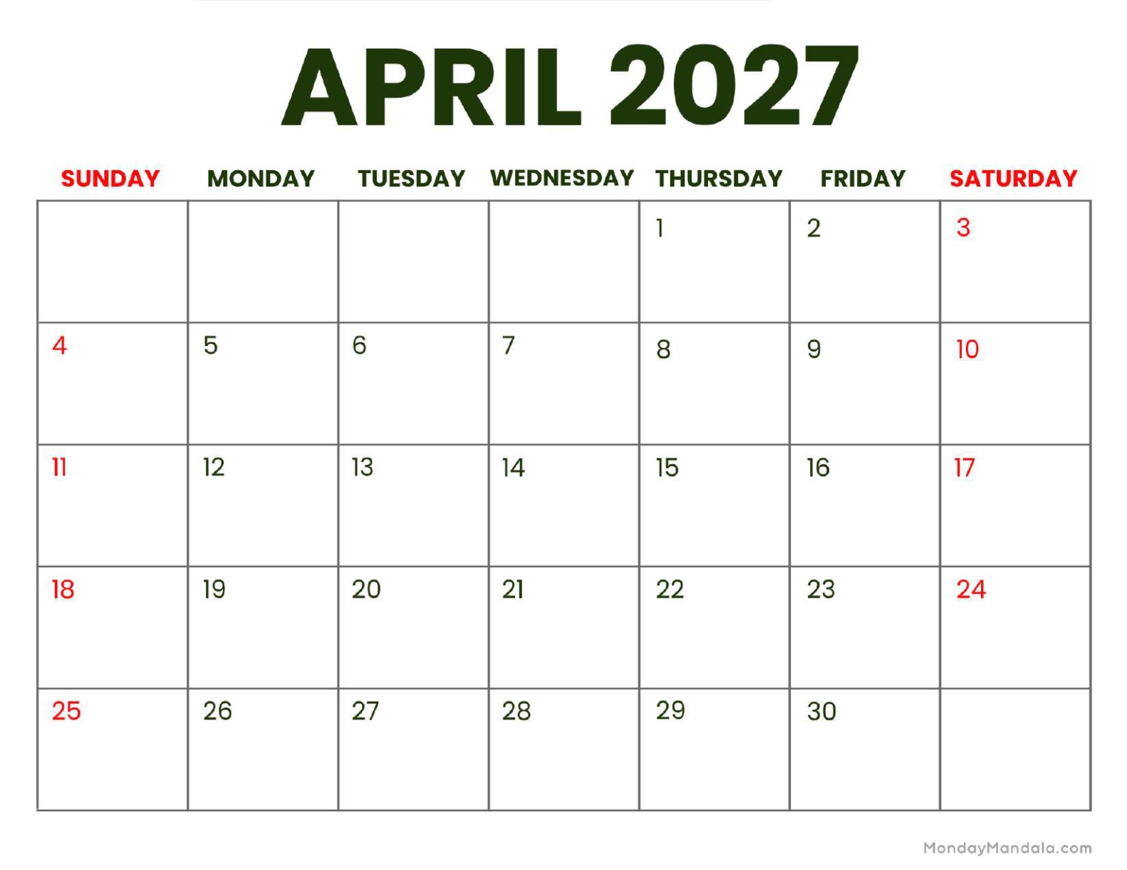 April 2027 Calendar Printable Business Landscape