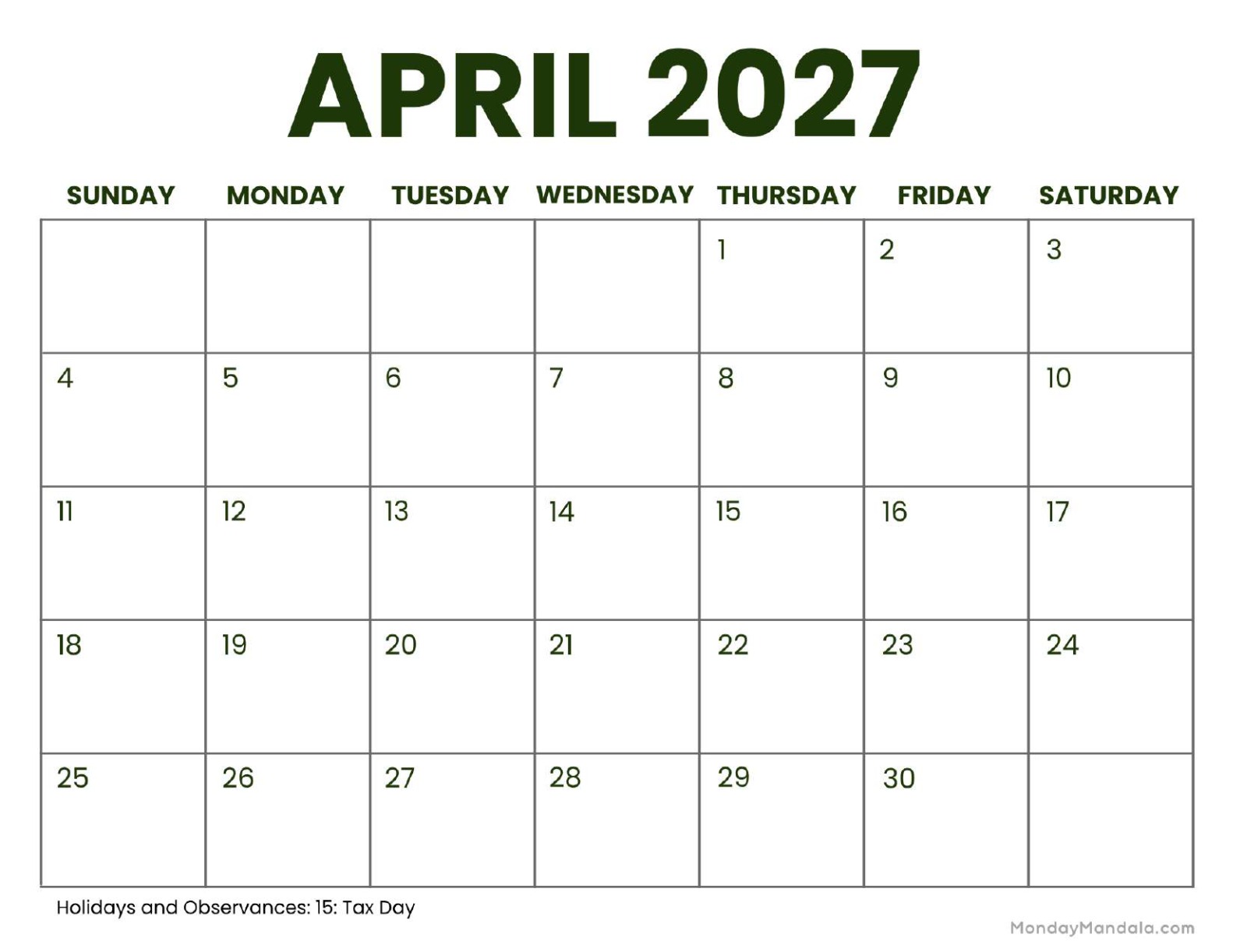 April 2027 Calendar Printable Business2 Landscape