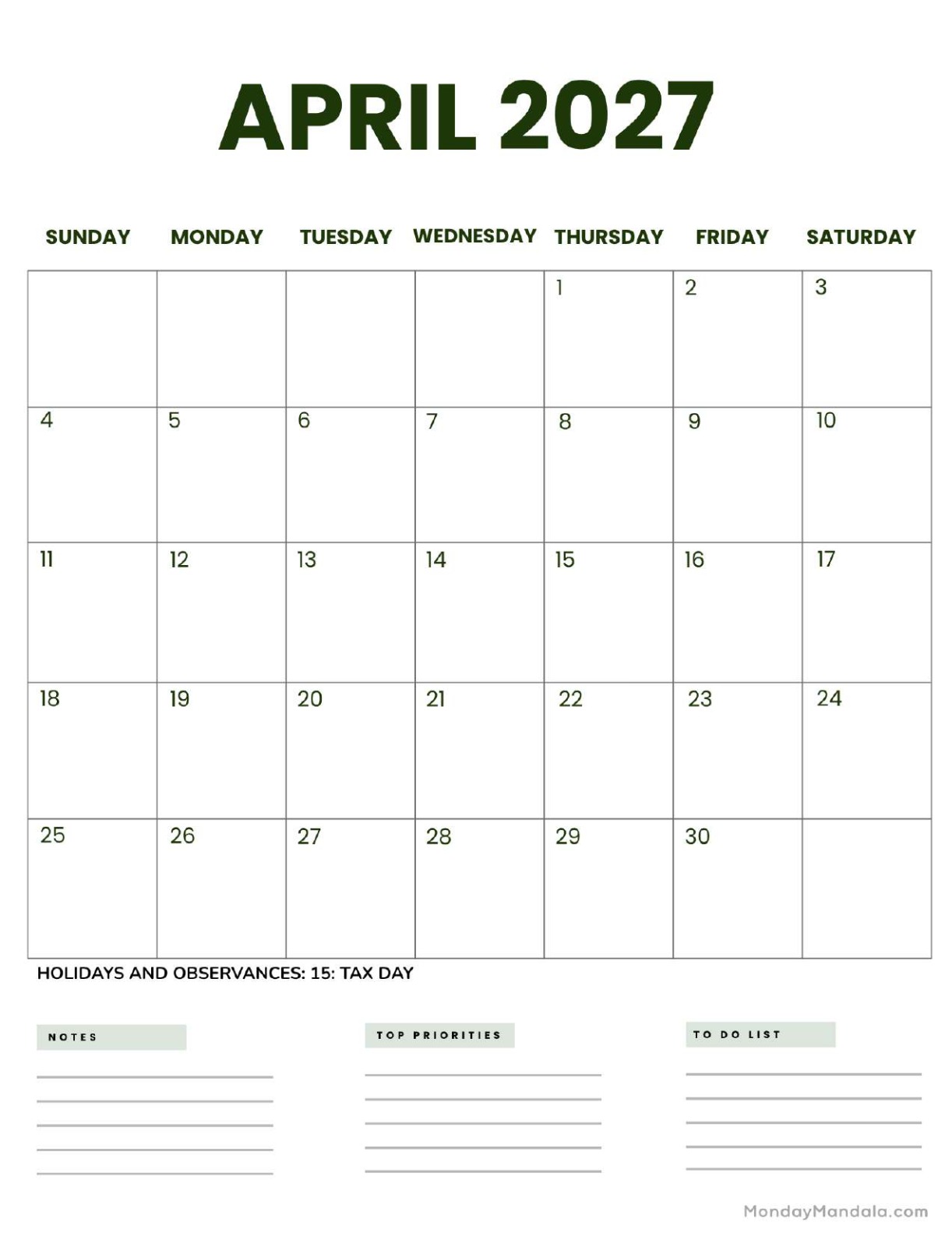 April 2027 Calendar Printable Business2 Portrait
