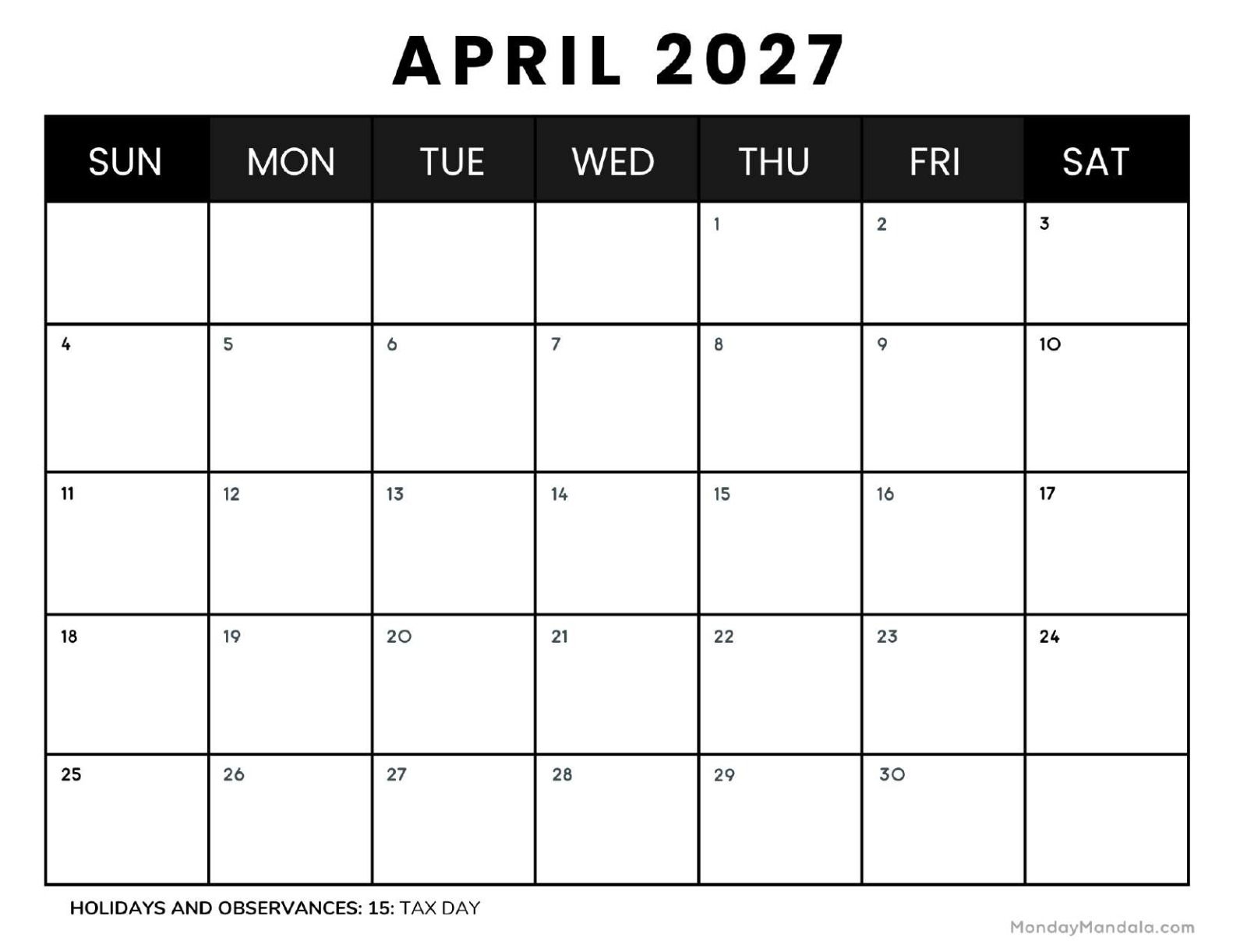 April 2027 Calendar Printable Business4 Landscape