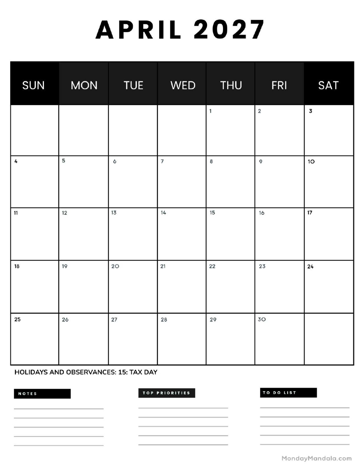 April 2027 Calendar Printable Business4 Portrait