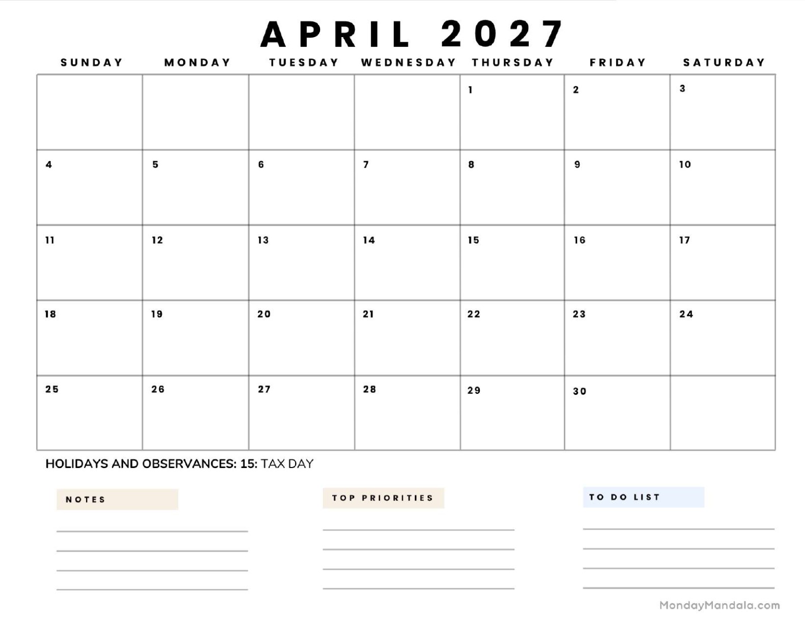 April 2027 Calendar Printable Business5 Landscape