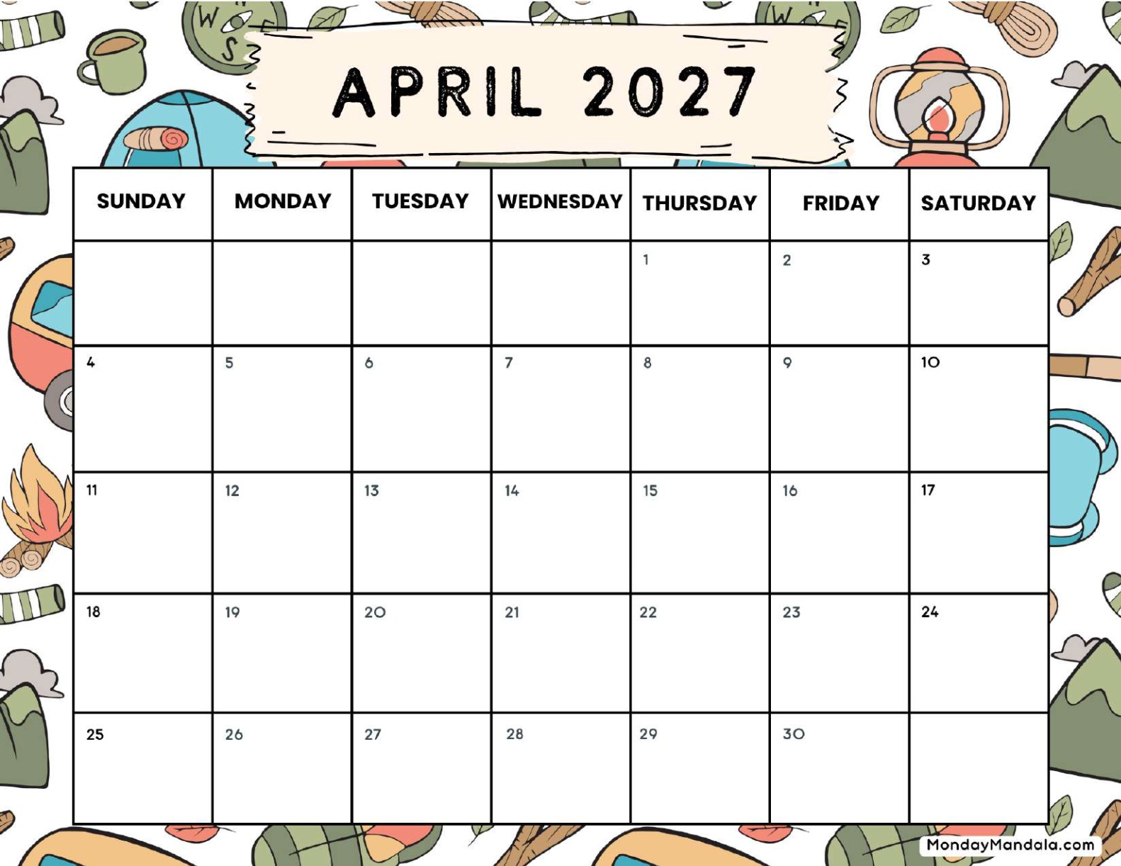 April 2027 Calendar Printable Camping 2 Landscape