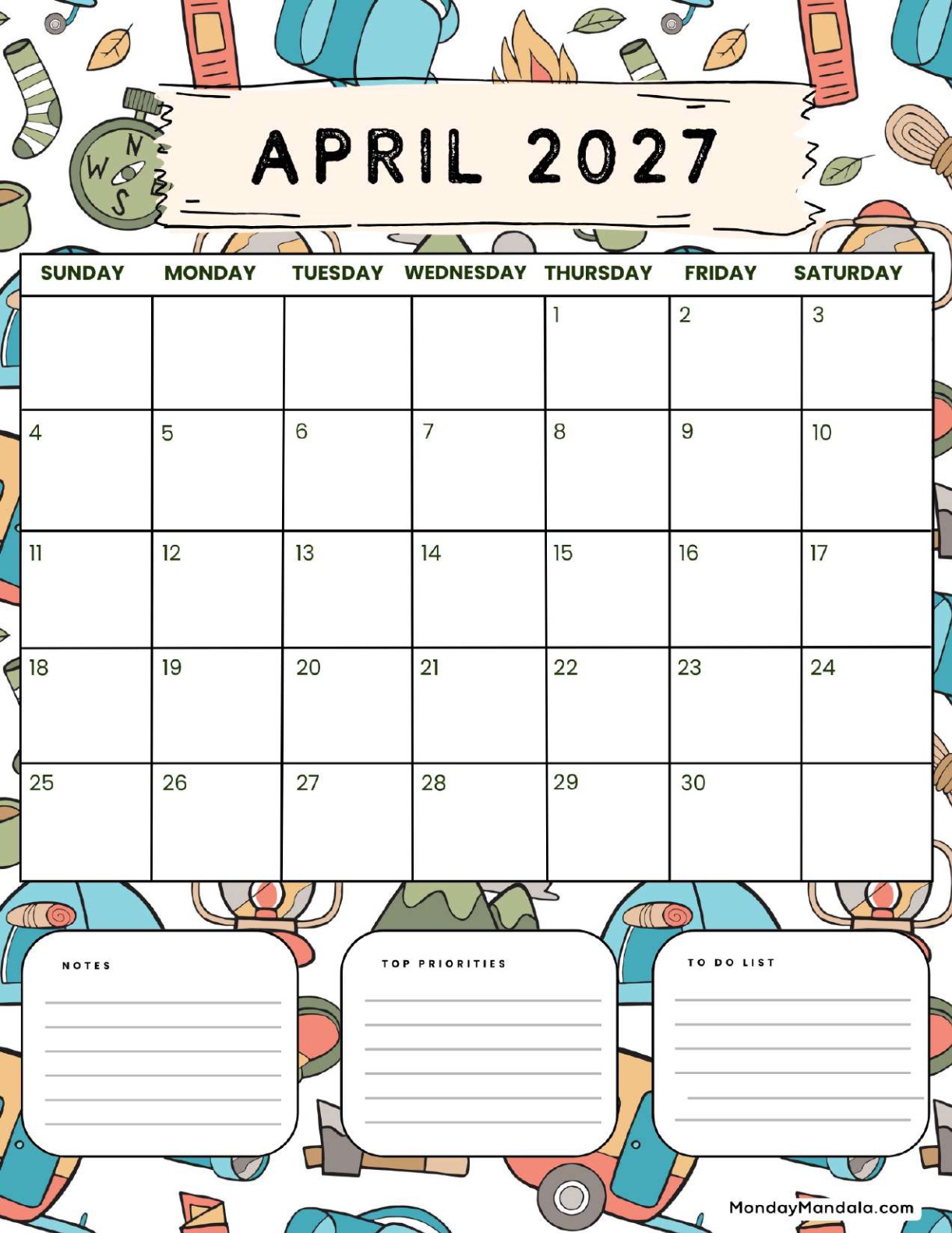 April 2027 Calendar Printable Camping 2 Portrait