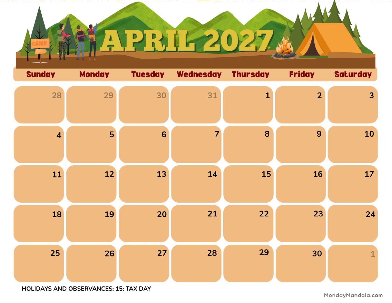 April 2027 Calendar Printable Camping Landscape