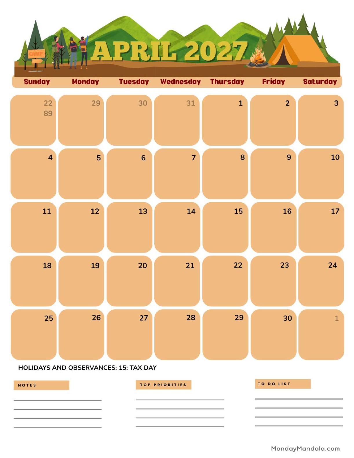 April 2027 Calendar Printable Camping Portrait